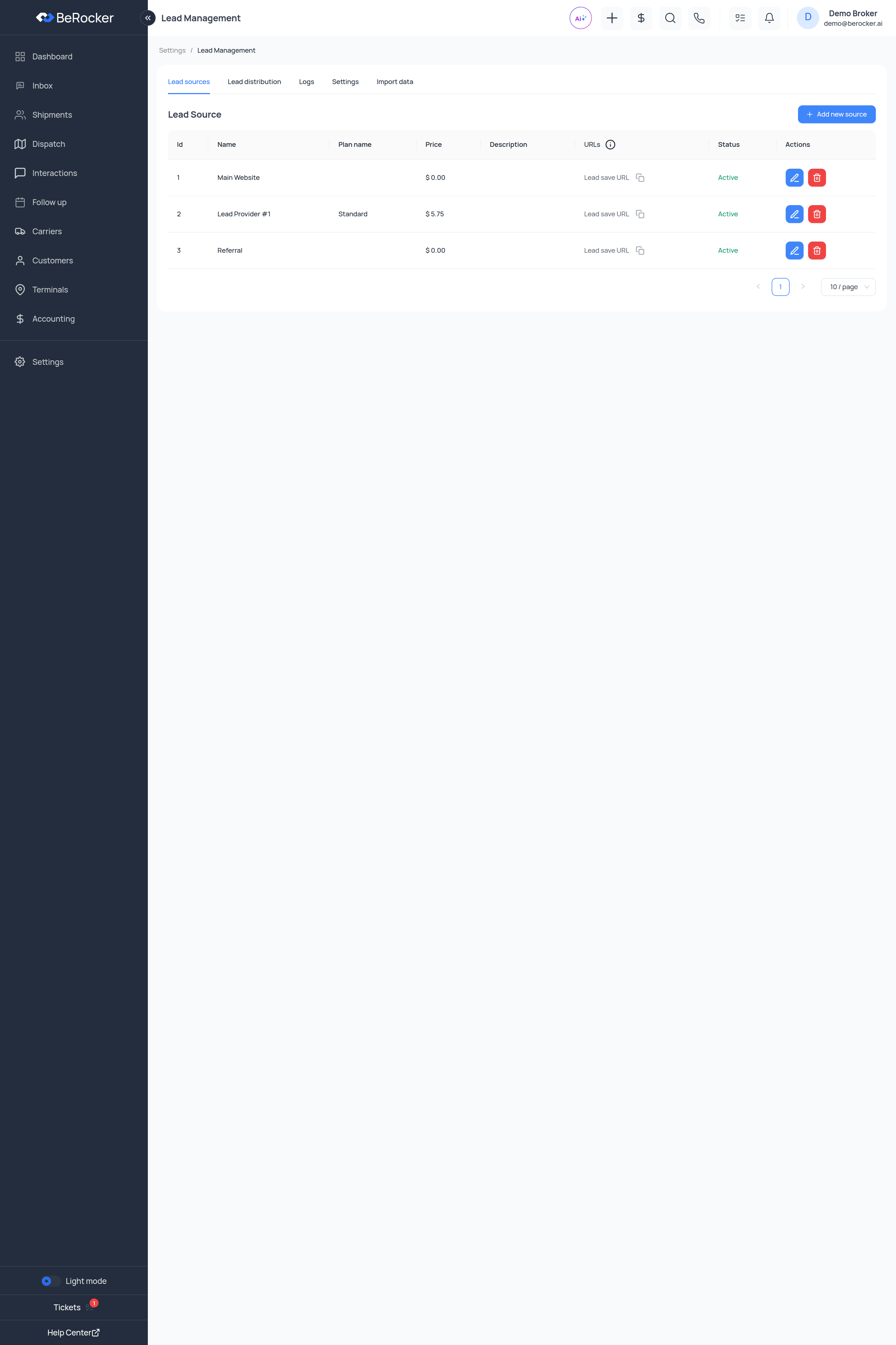 The Lead sources table with the endpoint URL copy buttons