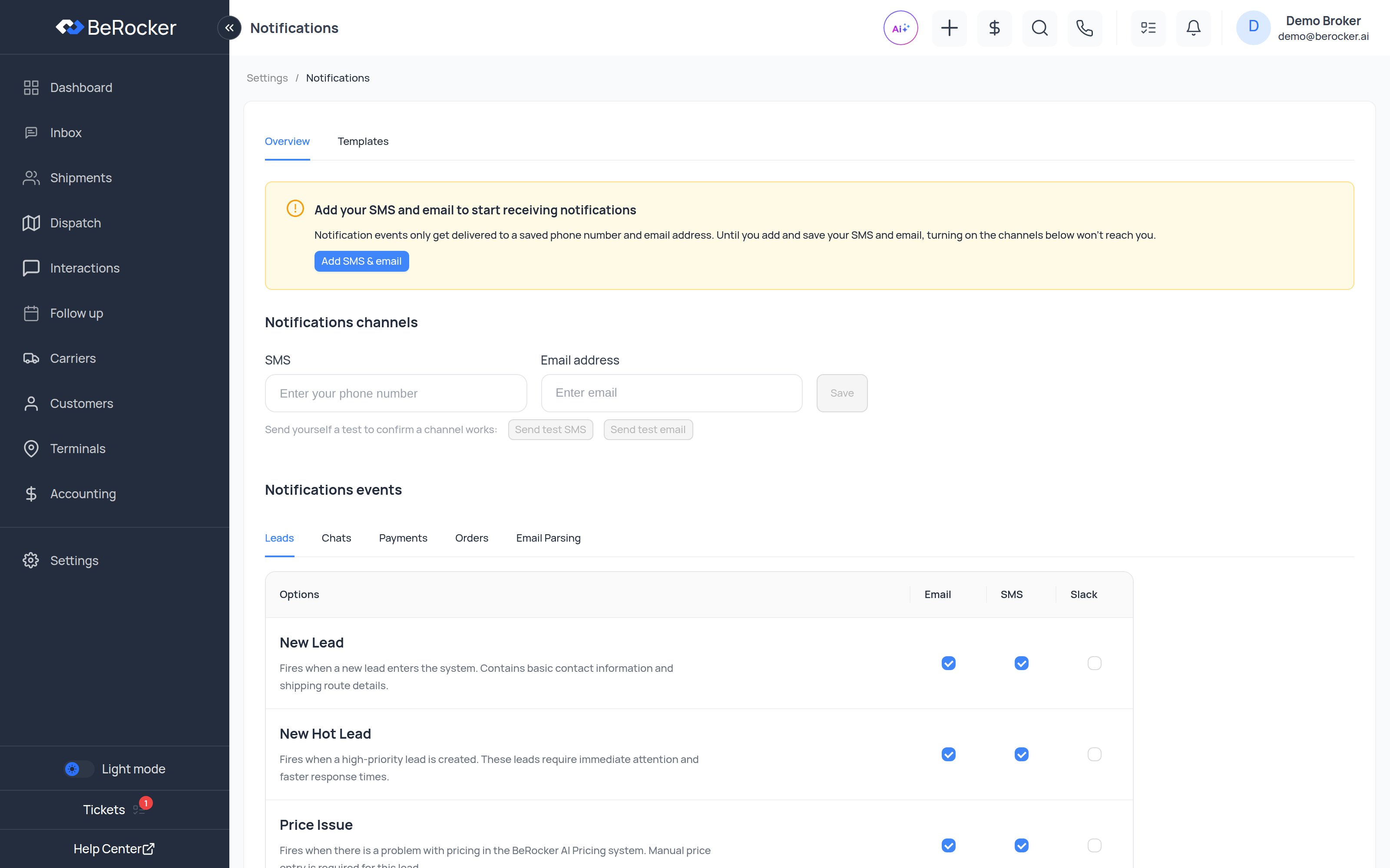 The Notifications settings page with delivery details and the event list