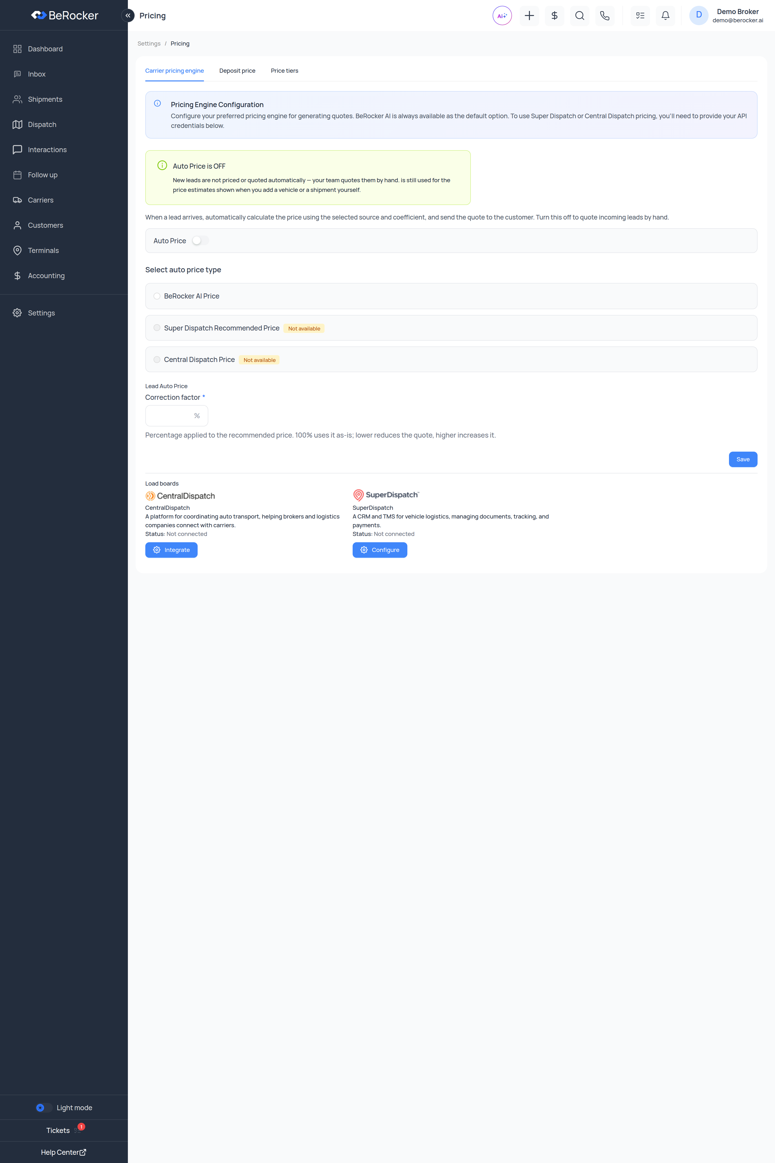 The Carrier pricing engine tab with the Auto Price switch and engine choices
