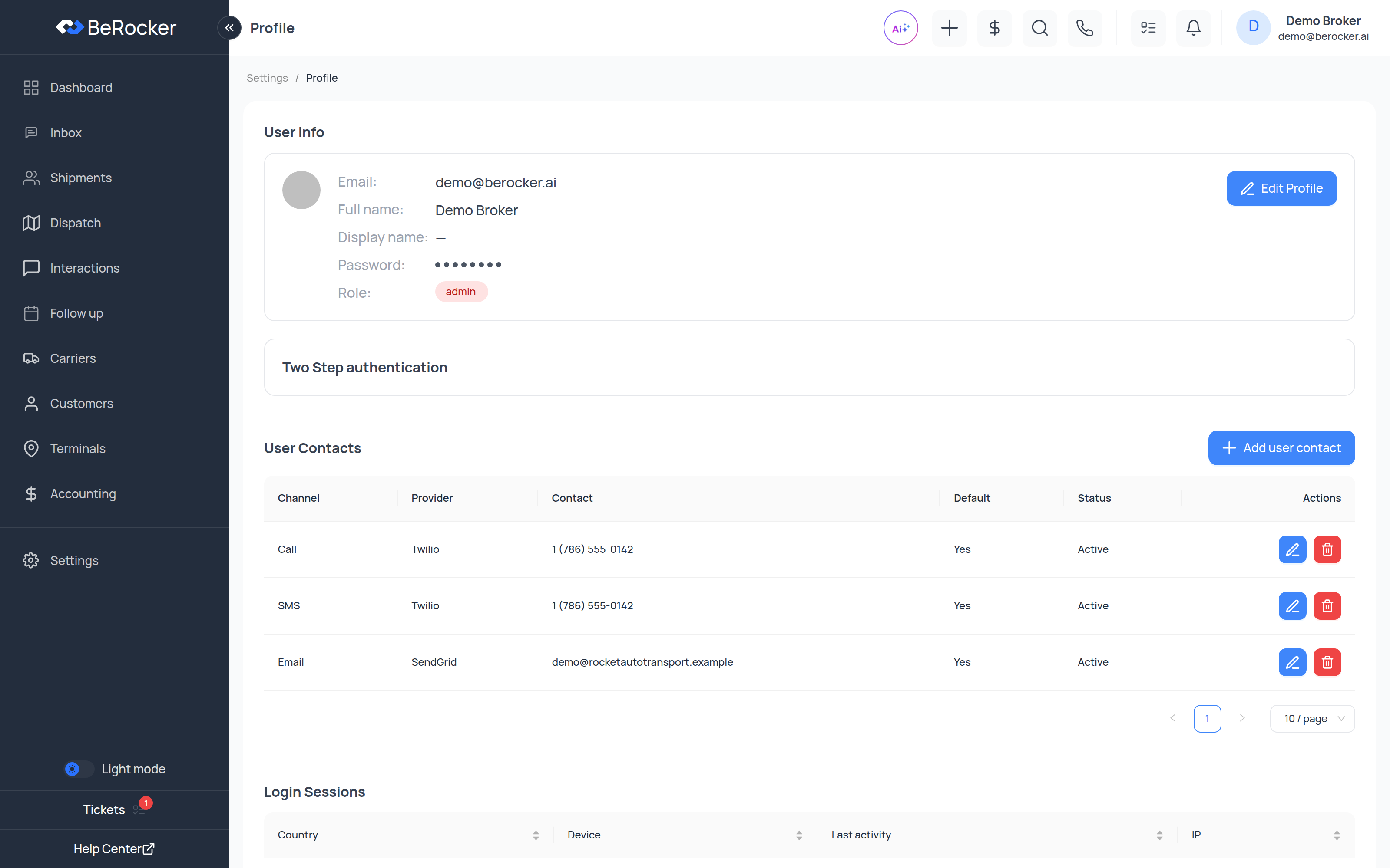 The Profile settings page with User Info, Two Step authentication, User Contacts and Login Sessions
