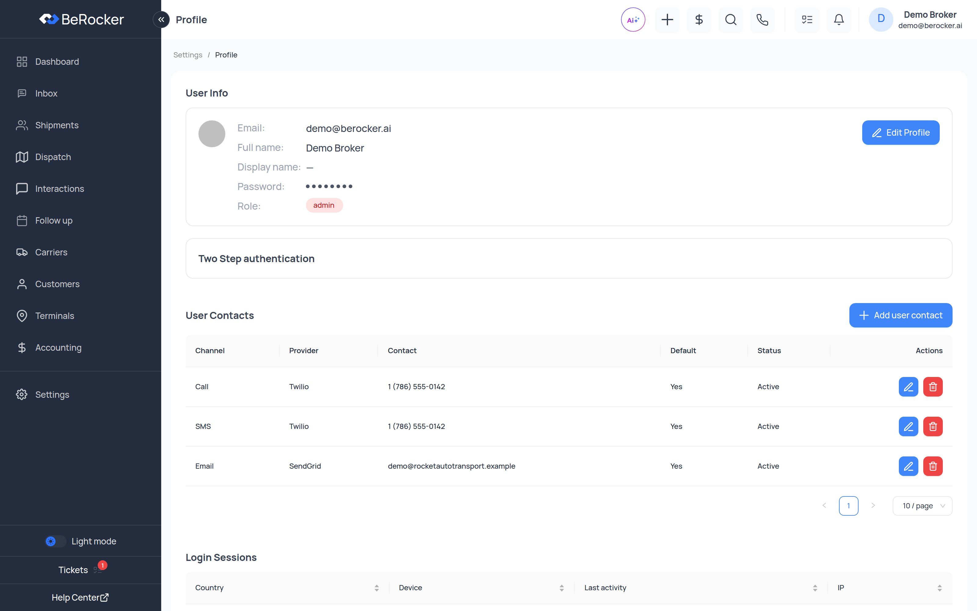 The Profile settings page with User Info, Two Step authentication, User Contacts and Login Sessions