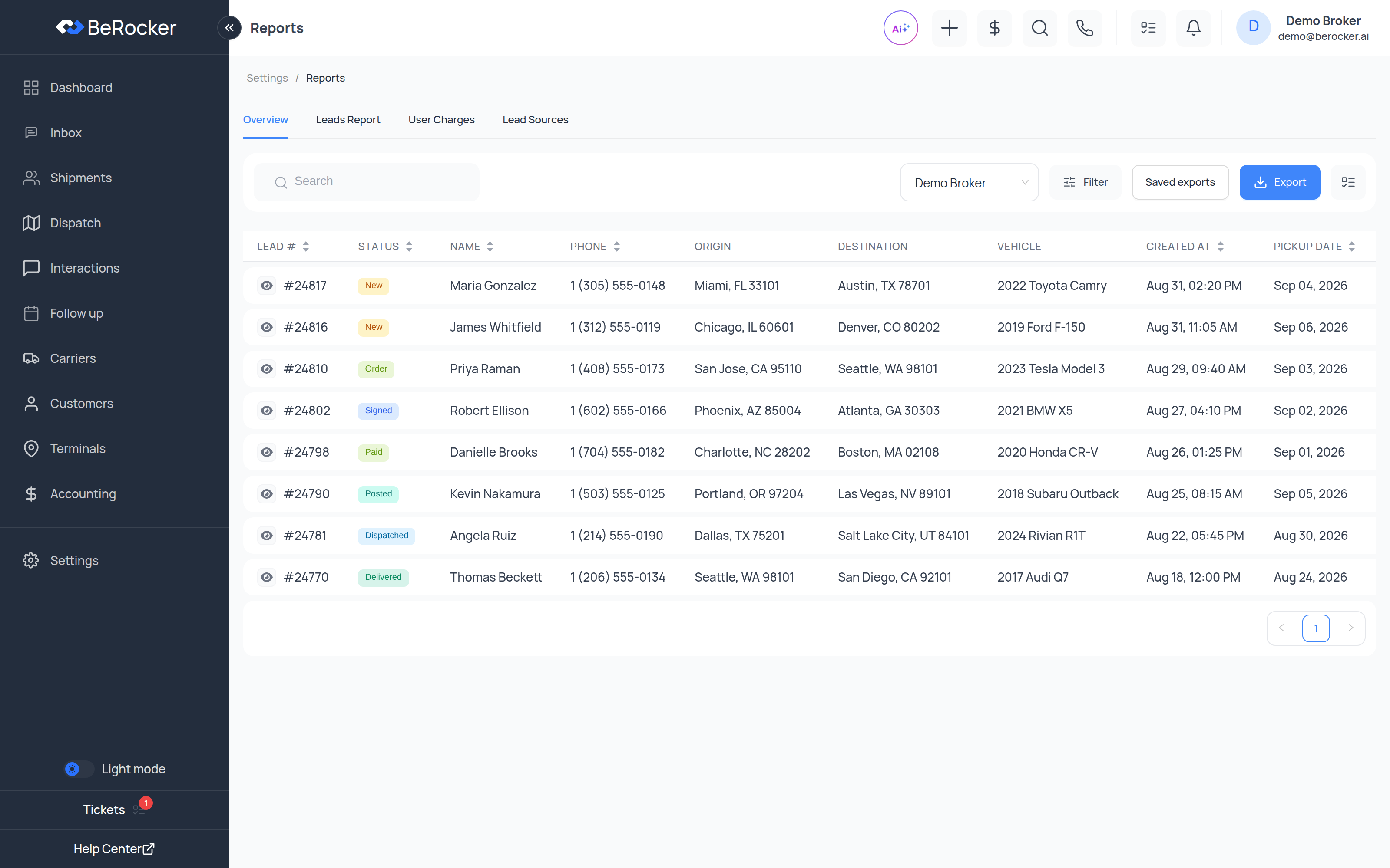 Settings → Reports on the Overview tab, showing the leads table with search, filter, saved exports and export