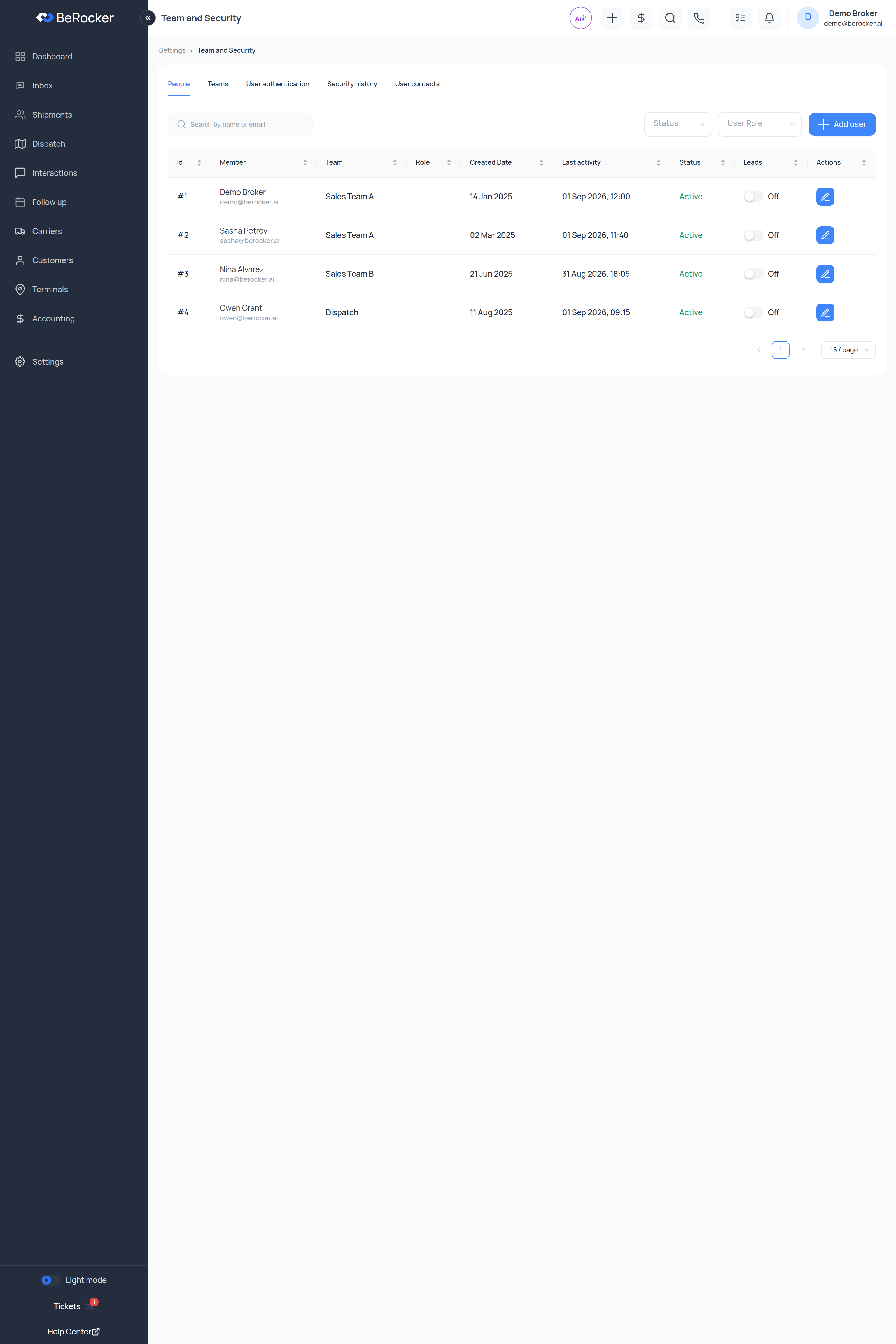 Team and security with the People, Teams, User authentication, Security history and User contacts tabs