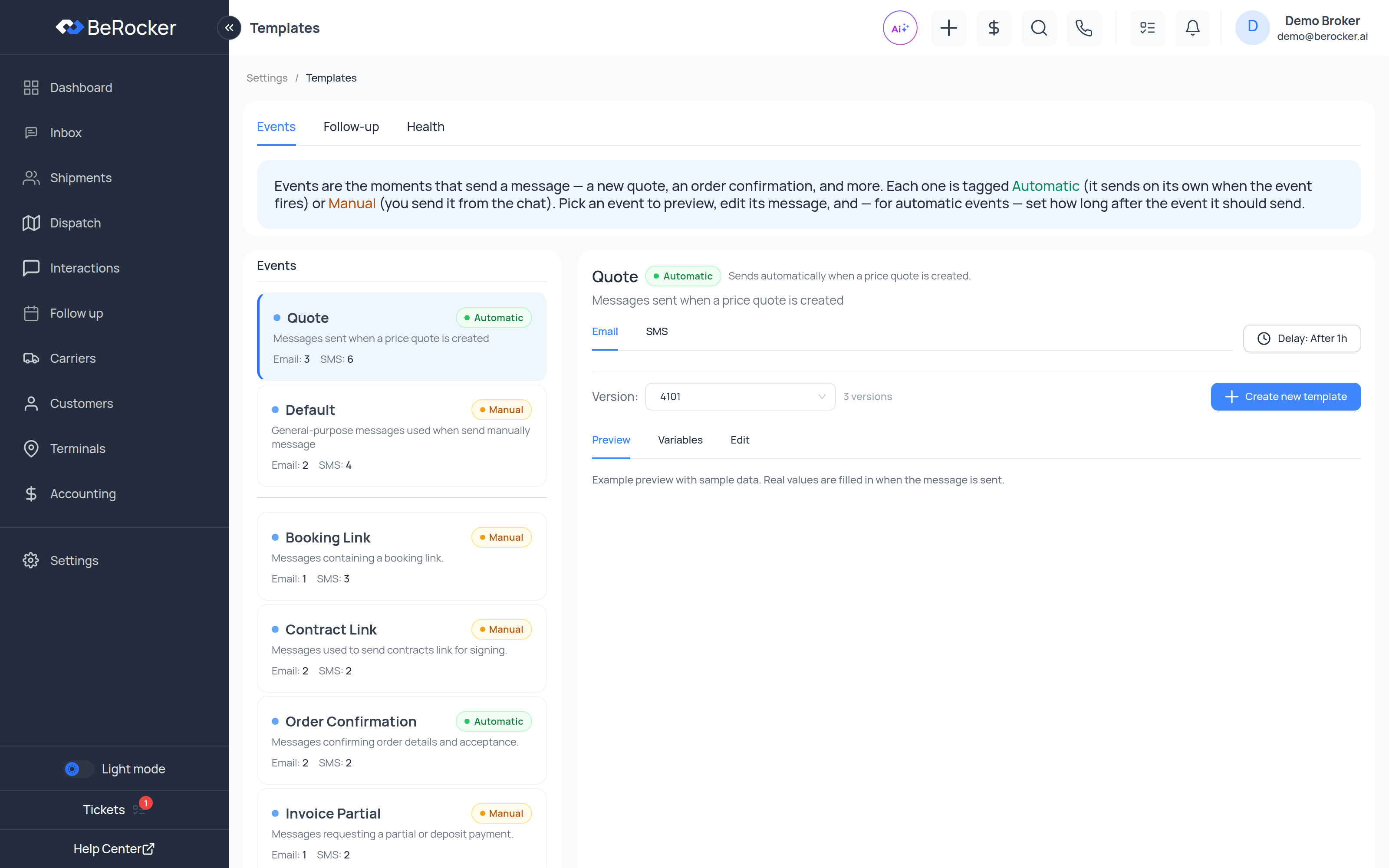 Templates → Events with the event list on the left and the template editor on the right