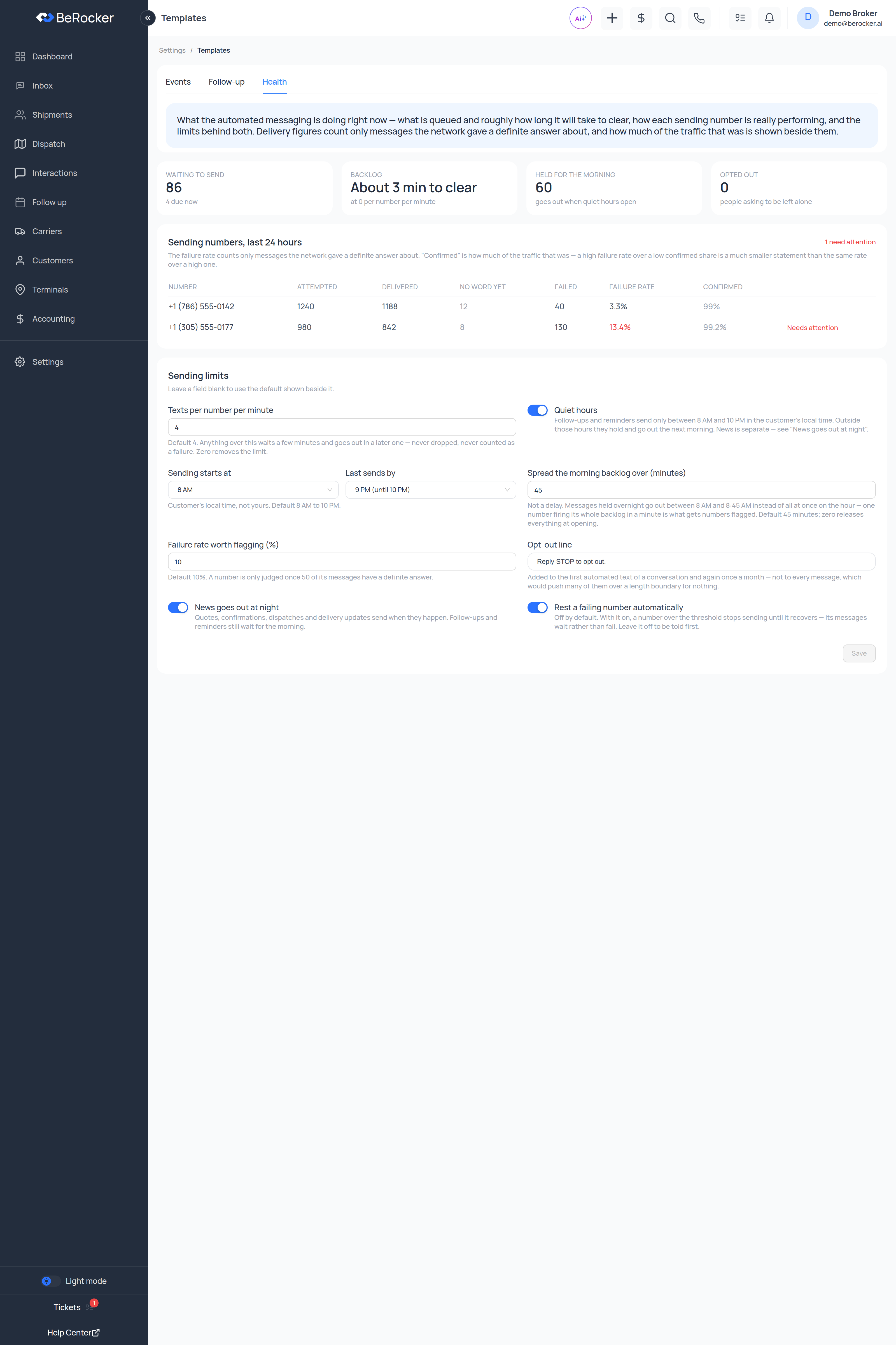 The Messaging health tab showing the queue tiles, sending numbers table and sending limits