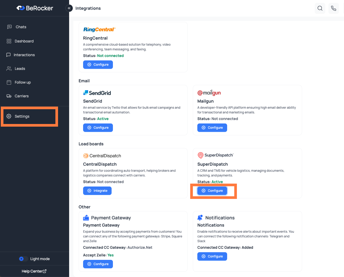 Super Dispatch Credential Fields in BeRocker