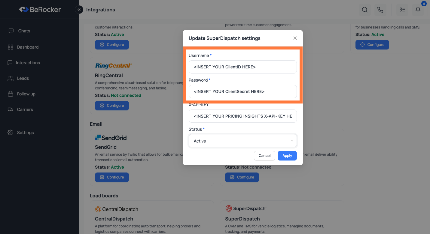 Super Dispatch X-API-KEY Field in BeRocker