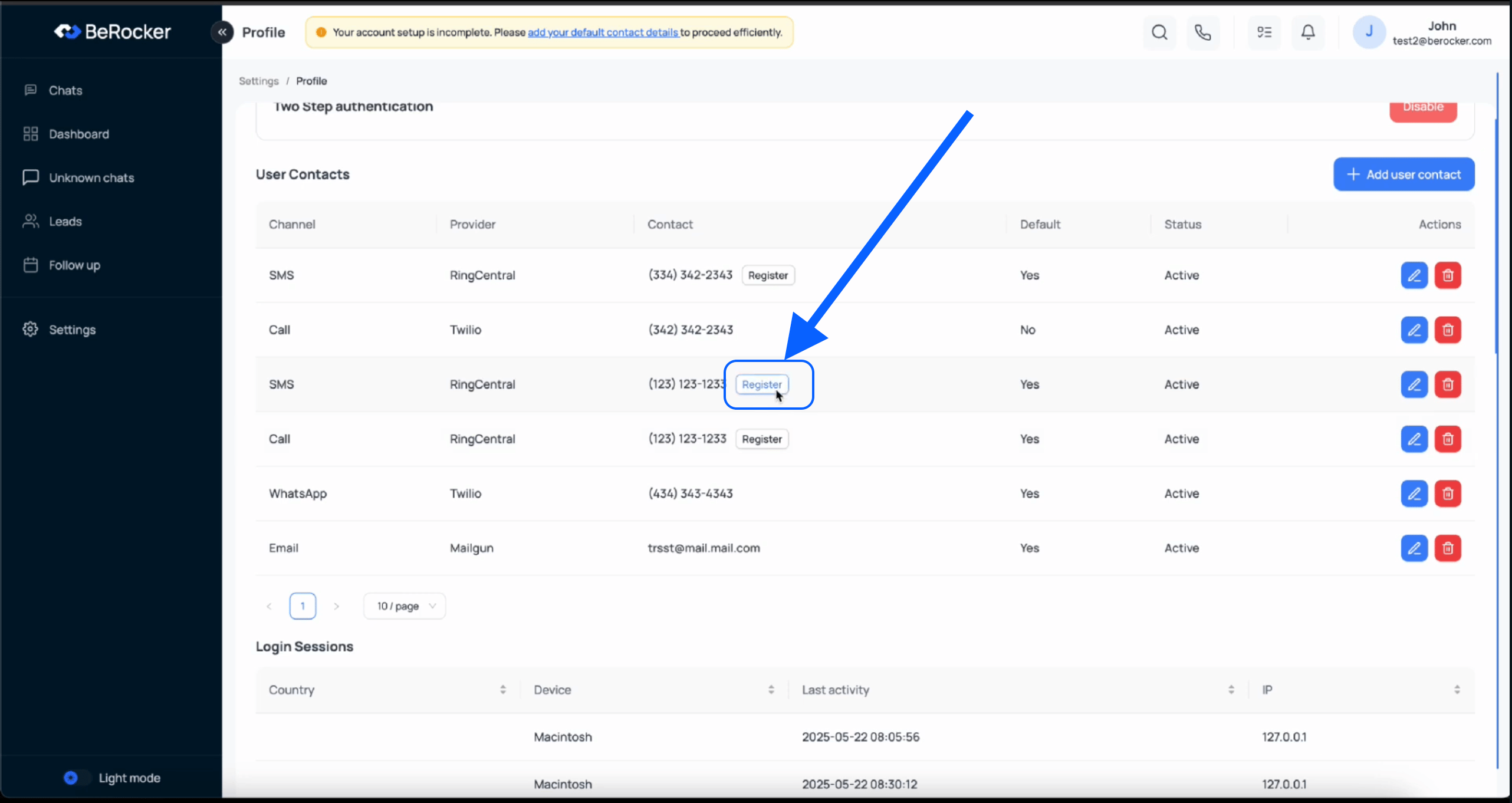 The Register button next to a RingCentral number in User Contacts