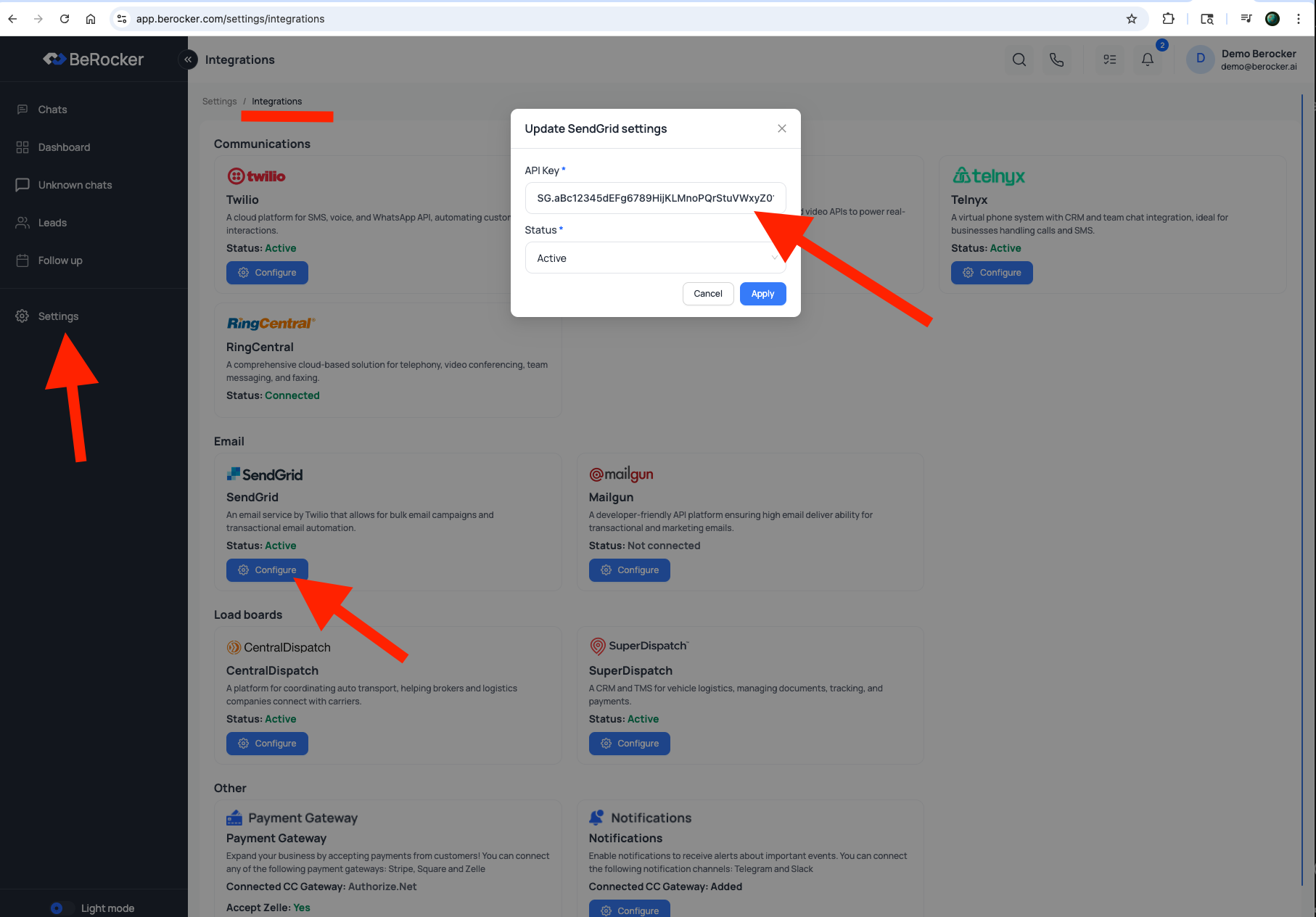 Placing Sendgrid API key