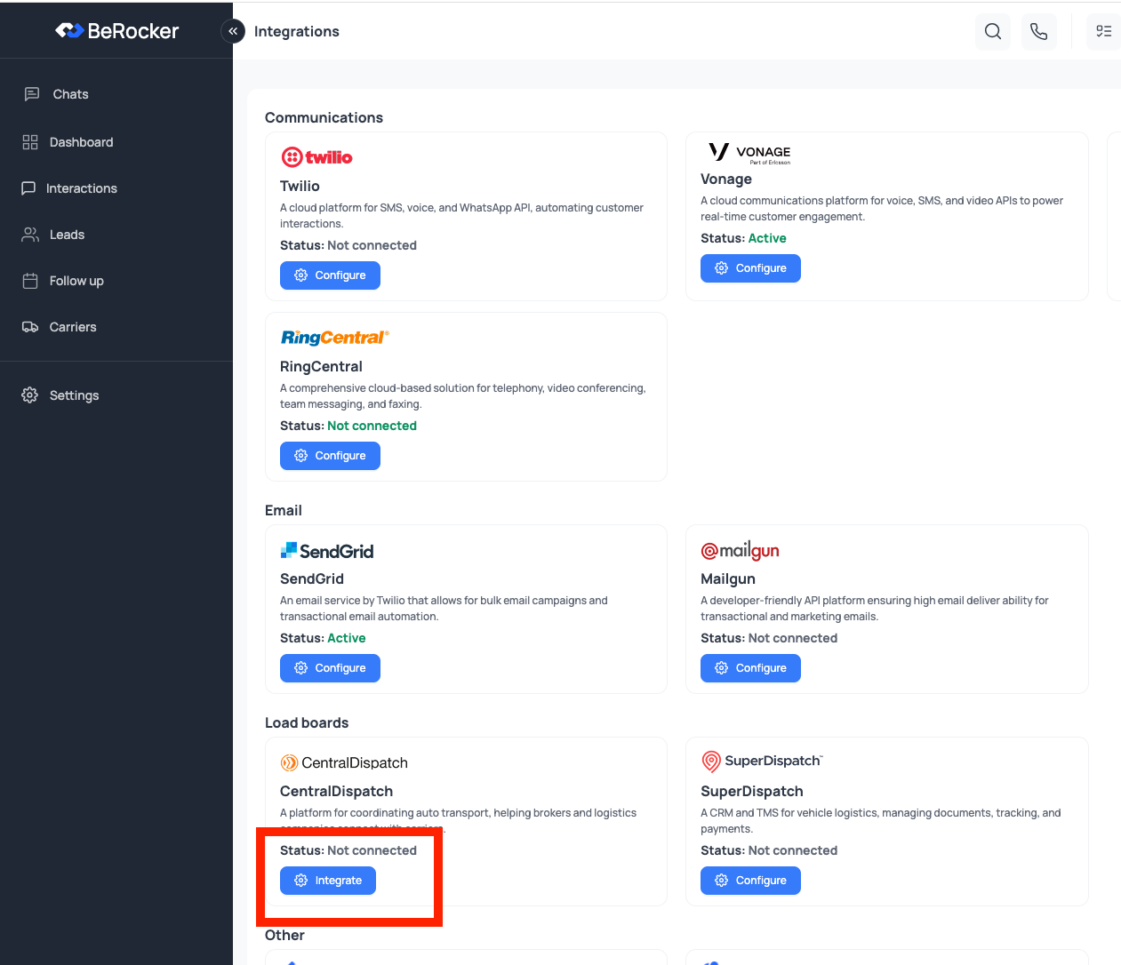 Central Dispatch Integrate Button in BeRocker