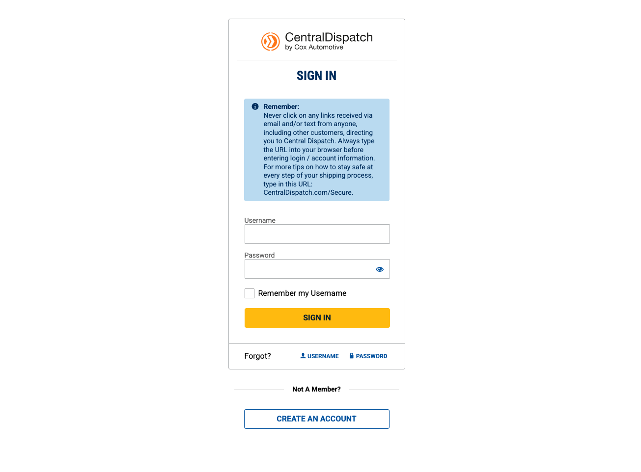 Central Dispatch OAuth Login Page