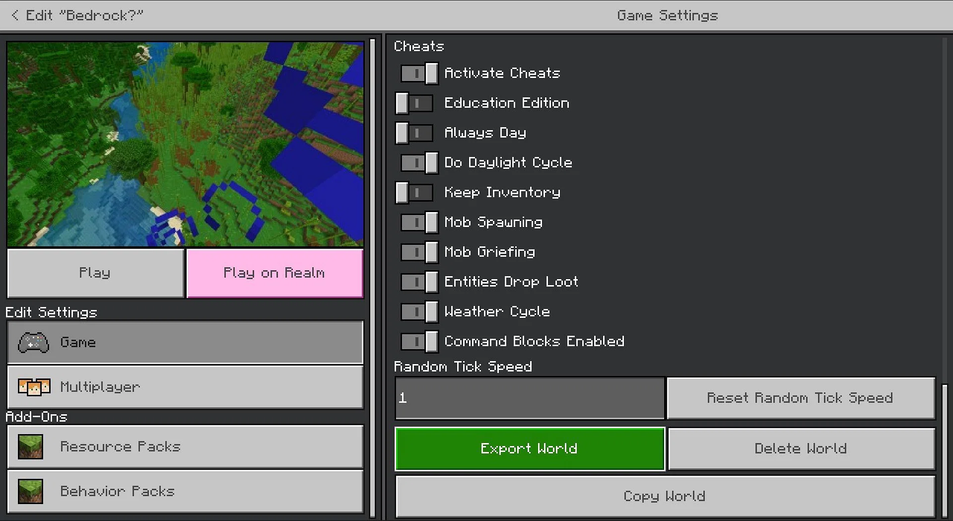 Exporting a Bedrock World from Minecraft Bedrock Edition