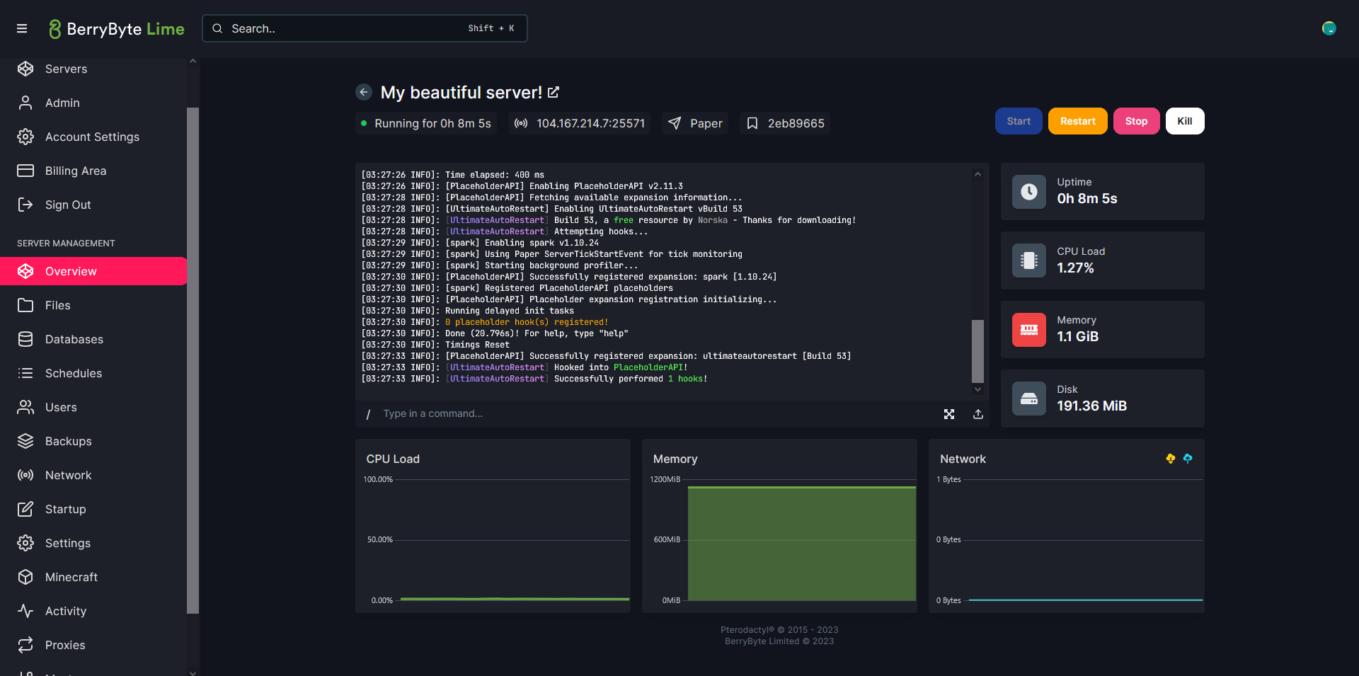 Start, stop, restart controls in berrybyte panel
