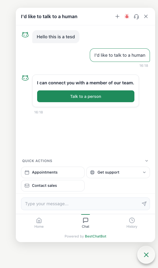Chat widget header showing the Talk to a human button