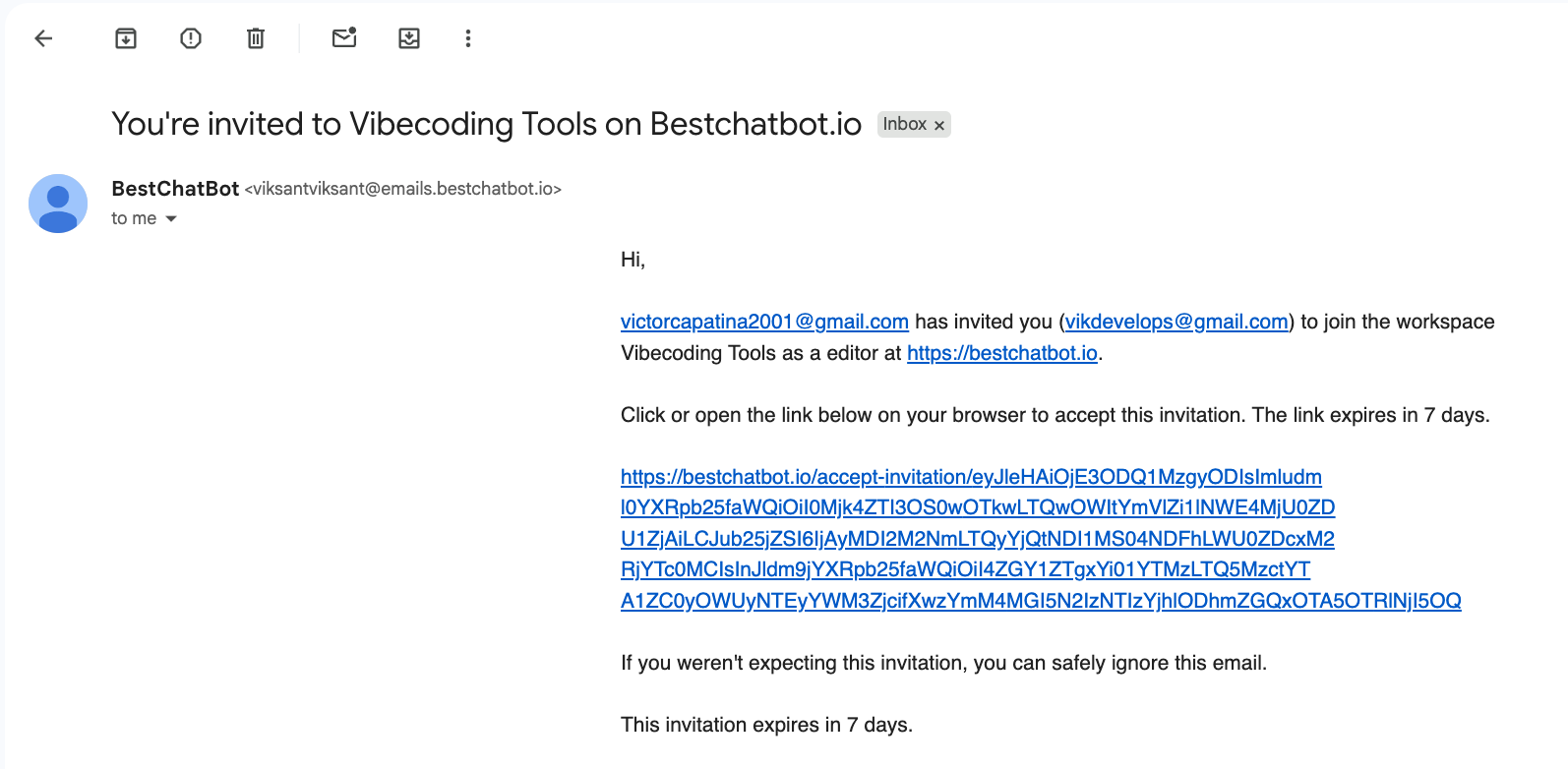 Invitation email with a secure link to join the workspace