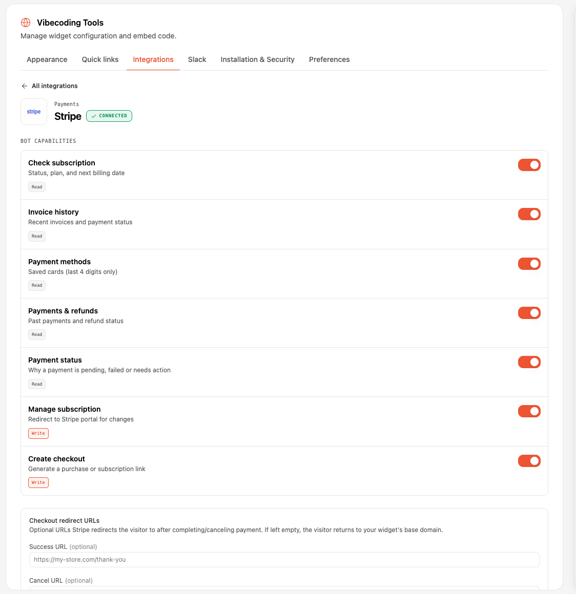 Connected Stripe panel showing bot capability toggles and checkout redirect URL fields