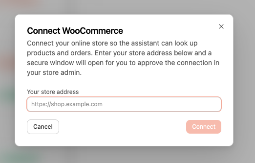 WooCommerce connect dialog asking for the store address