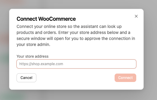 WooCommerce connect dialog asking for the store address