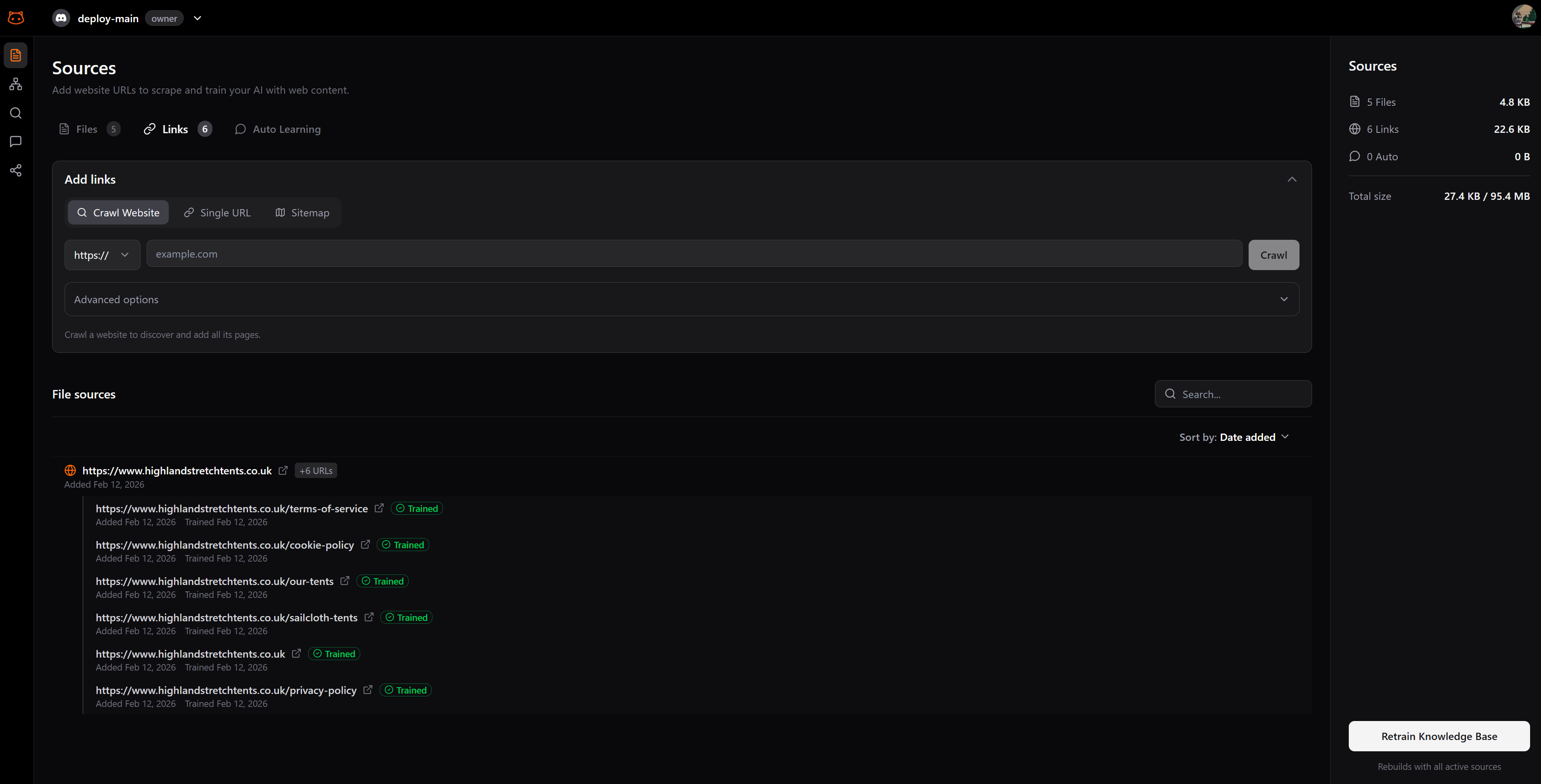 Links tab showing Crawl Website, Single URL, and Sitemap options with scraped URLs