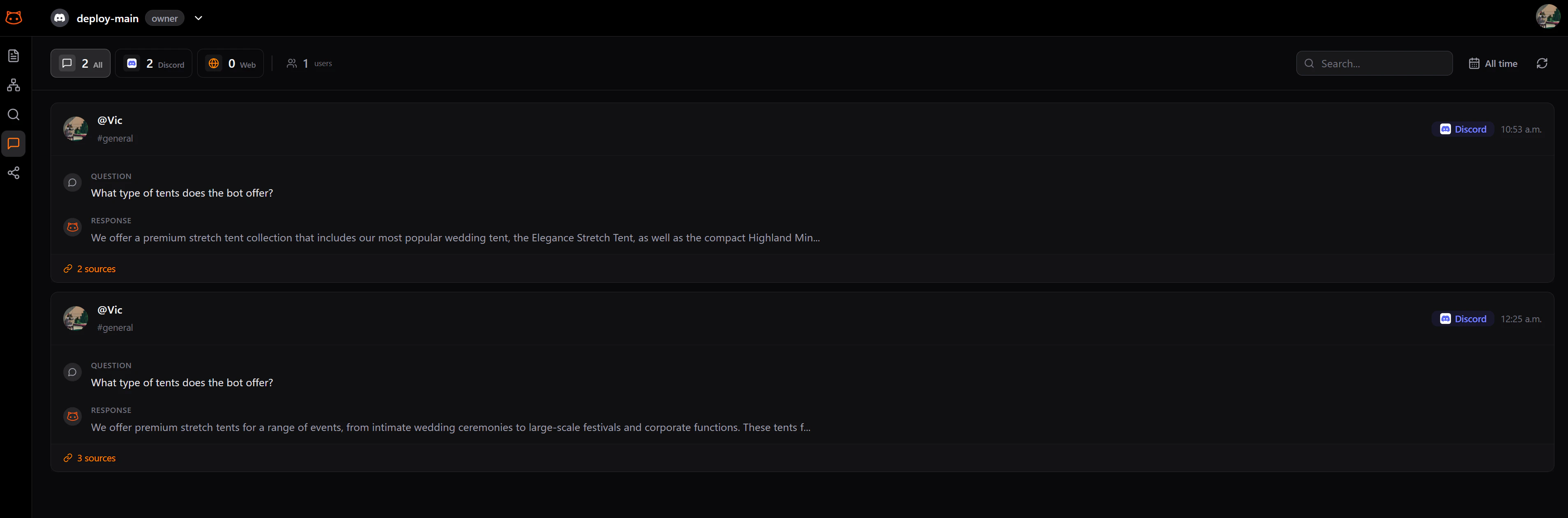 Bot Responses page showing questions, answers, and source citations