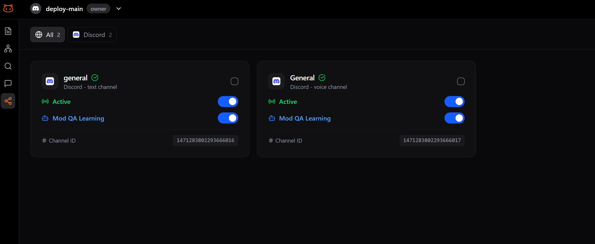 Channel Manager showing Active and Mod QA Learning toggles