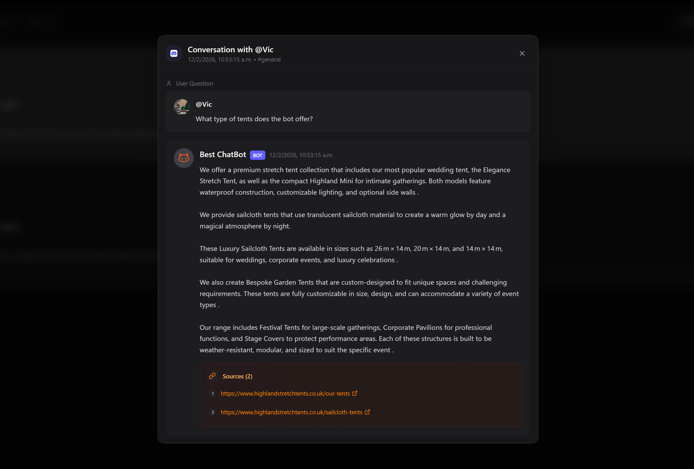 Detailed bot response showing the full answer with Sources section