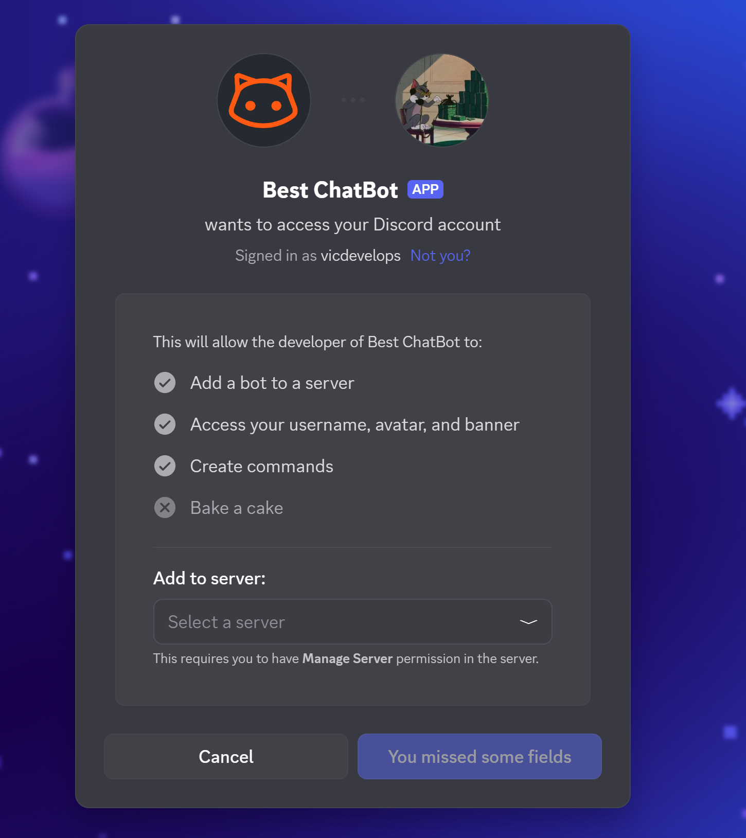 Discord authorization screen for Best ChatBot