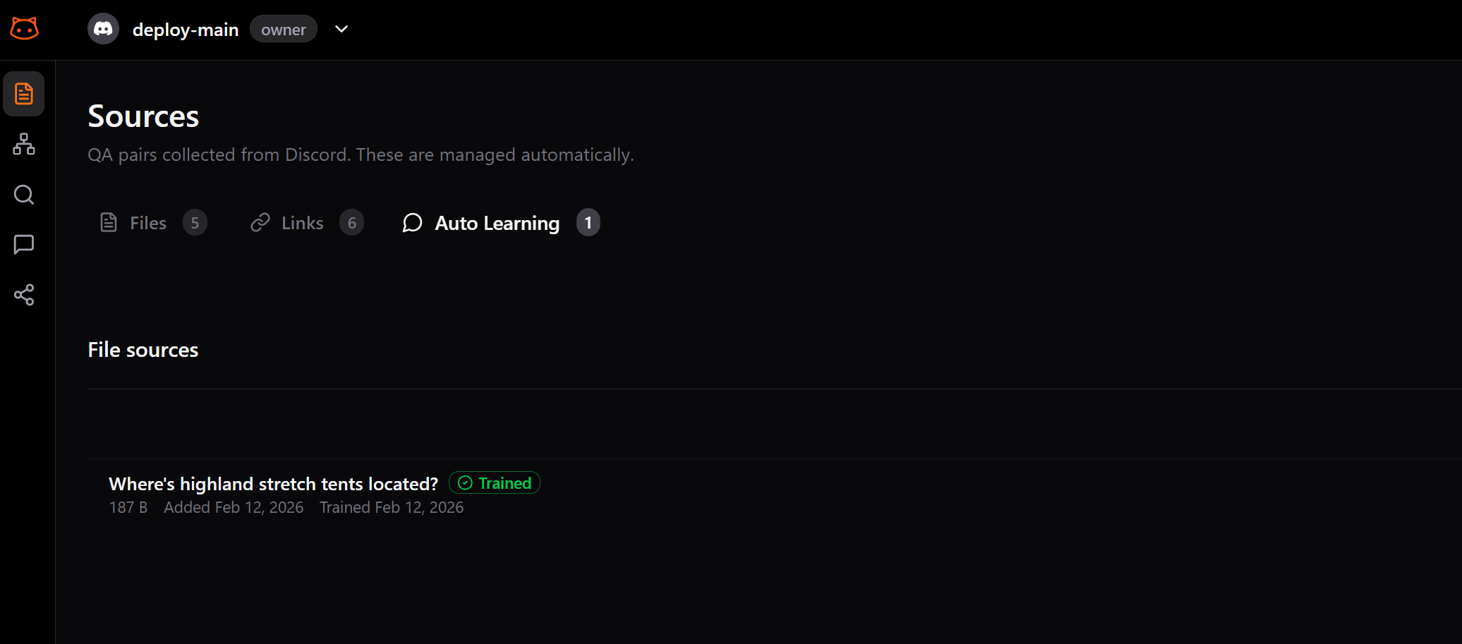 Auto Learning tab showing captured Q&A entries
