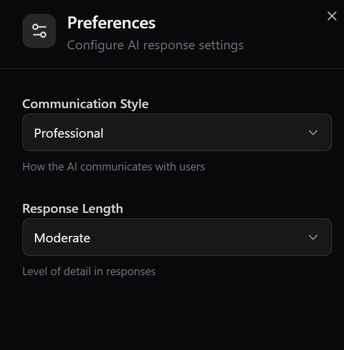 Preferences panel with Communication Style and Response Length dropdowns