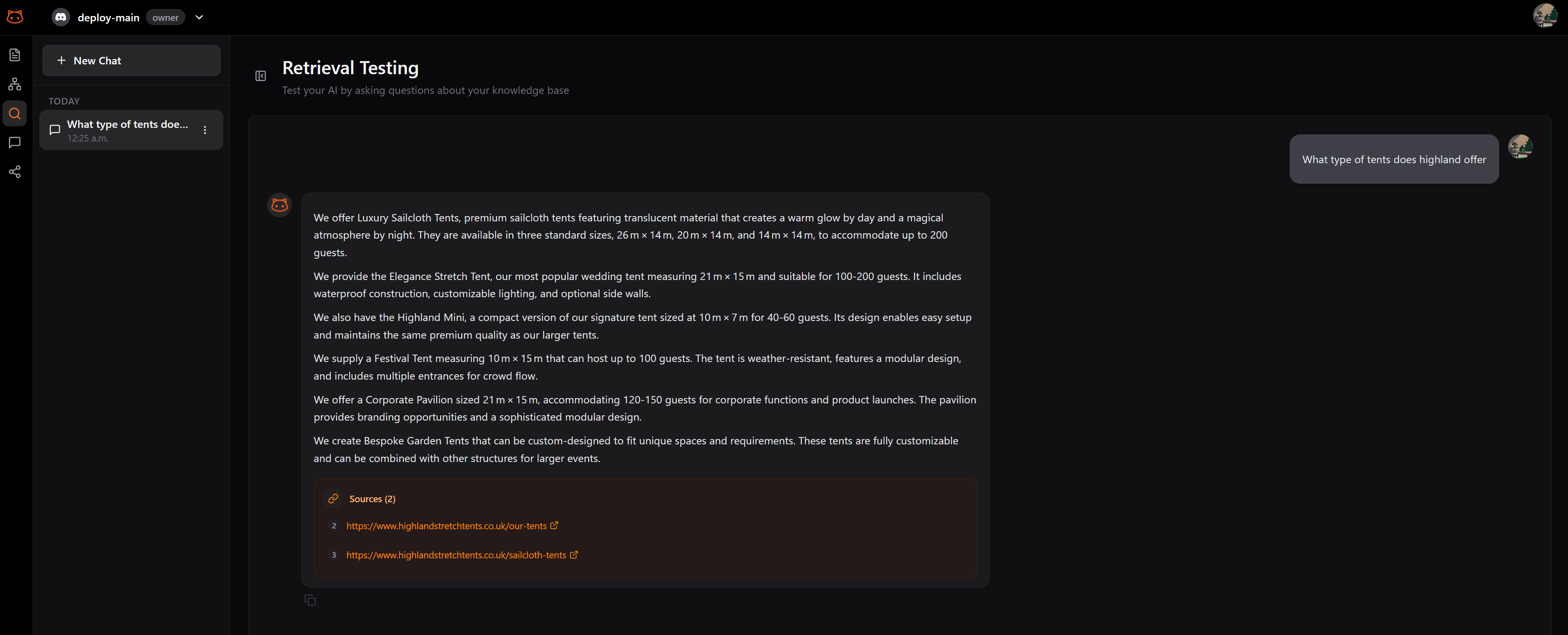 Retrieval Testing chat interface with bot response and cited sources