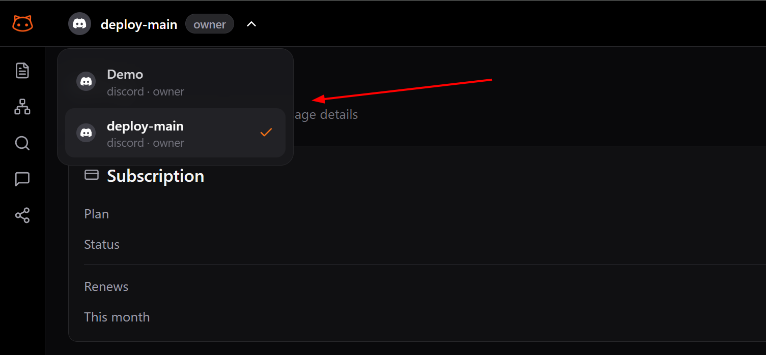 Workspace switcher dropdown in the dashboard