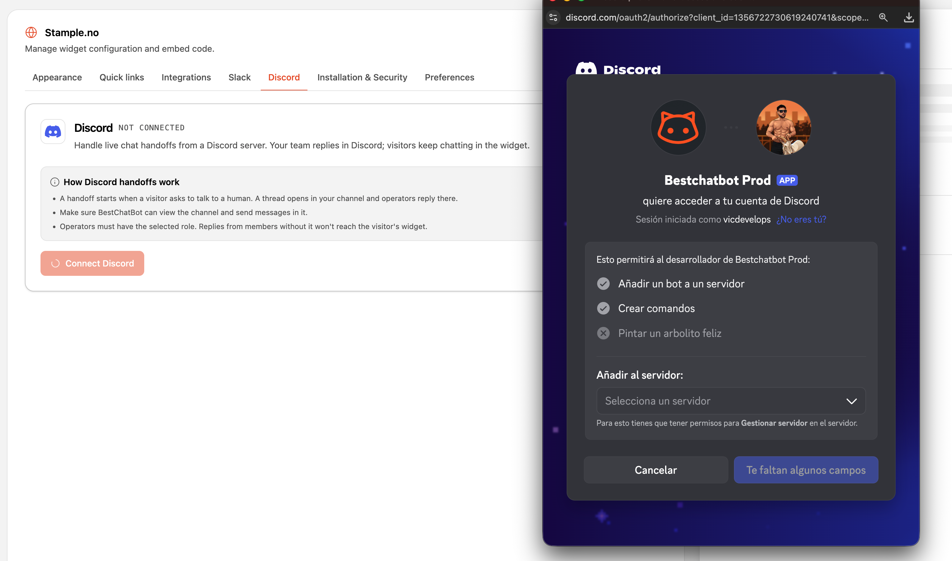 Discord authorization screen approving the BestChatBot bot for a server