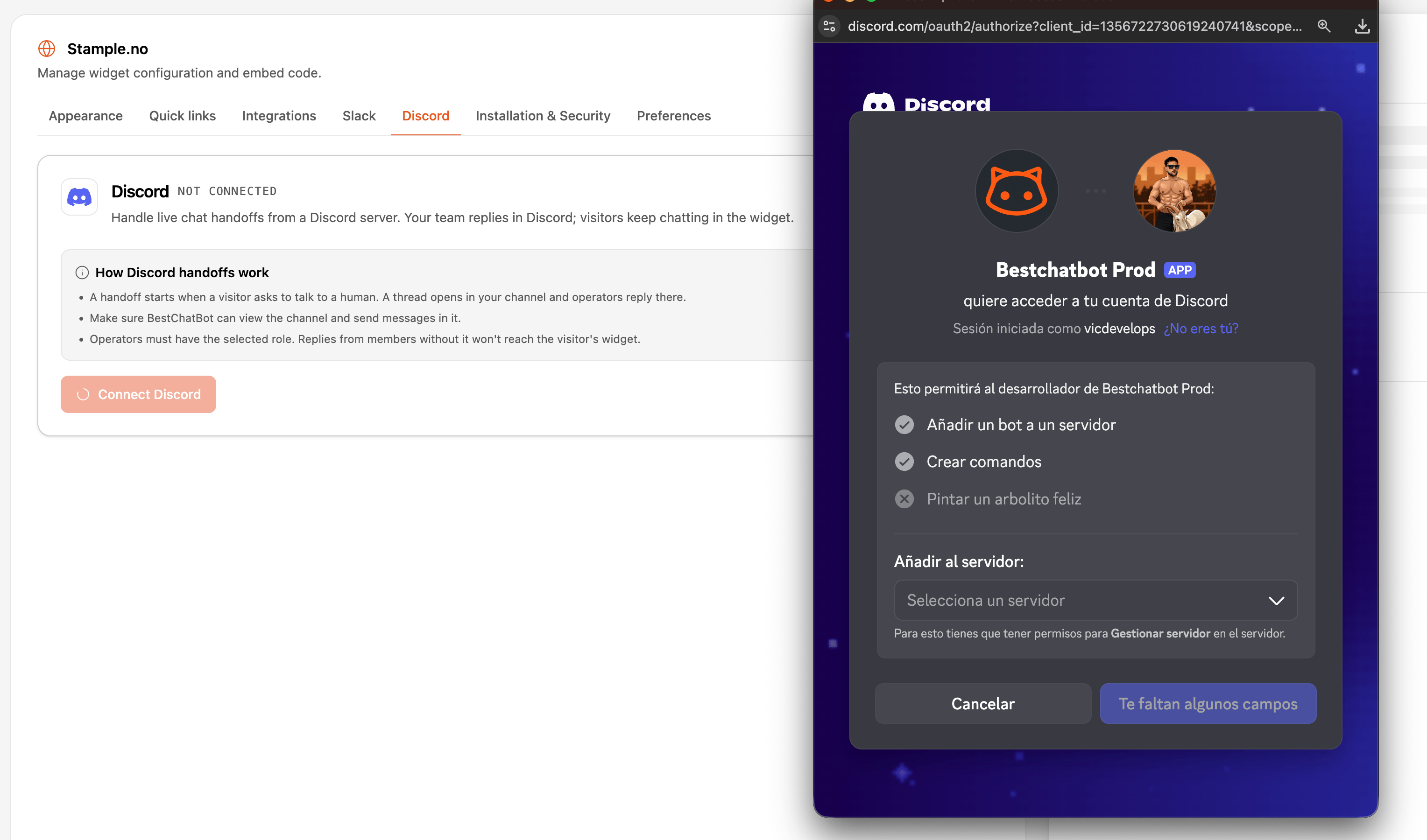 Discord authorization screen approving the BestChatBot bot for a server