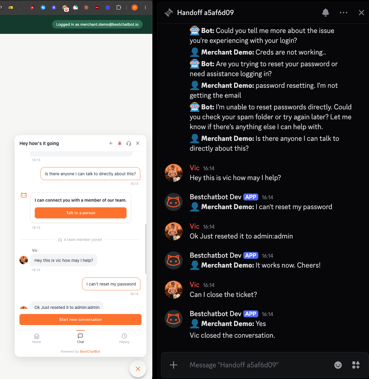 Discord handoff thread mirroring the live chat, with visitor and bot messages carrying per-role badges, next to the visitor's widget