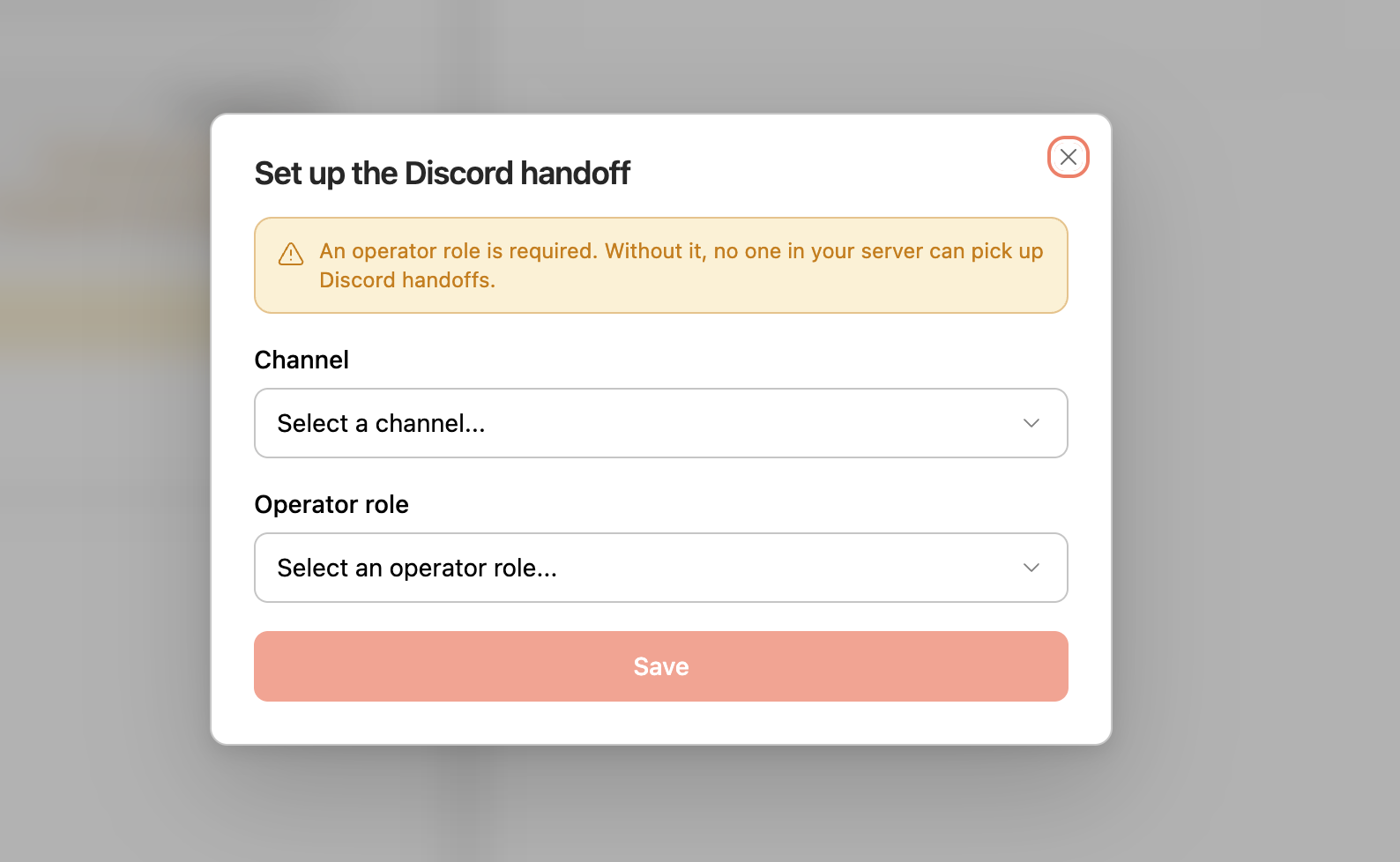 Dialog to choose the Discord channel and operator role for handoffs