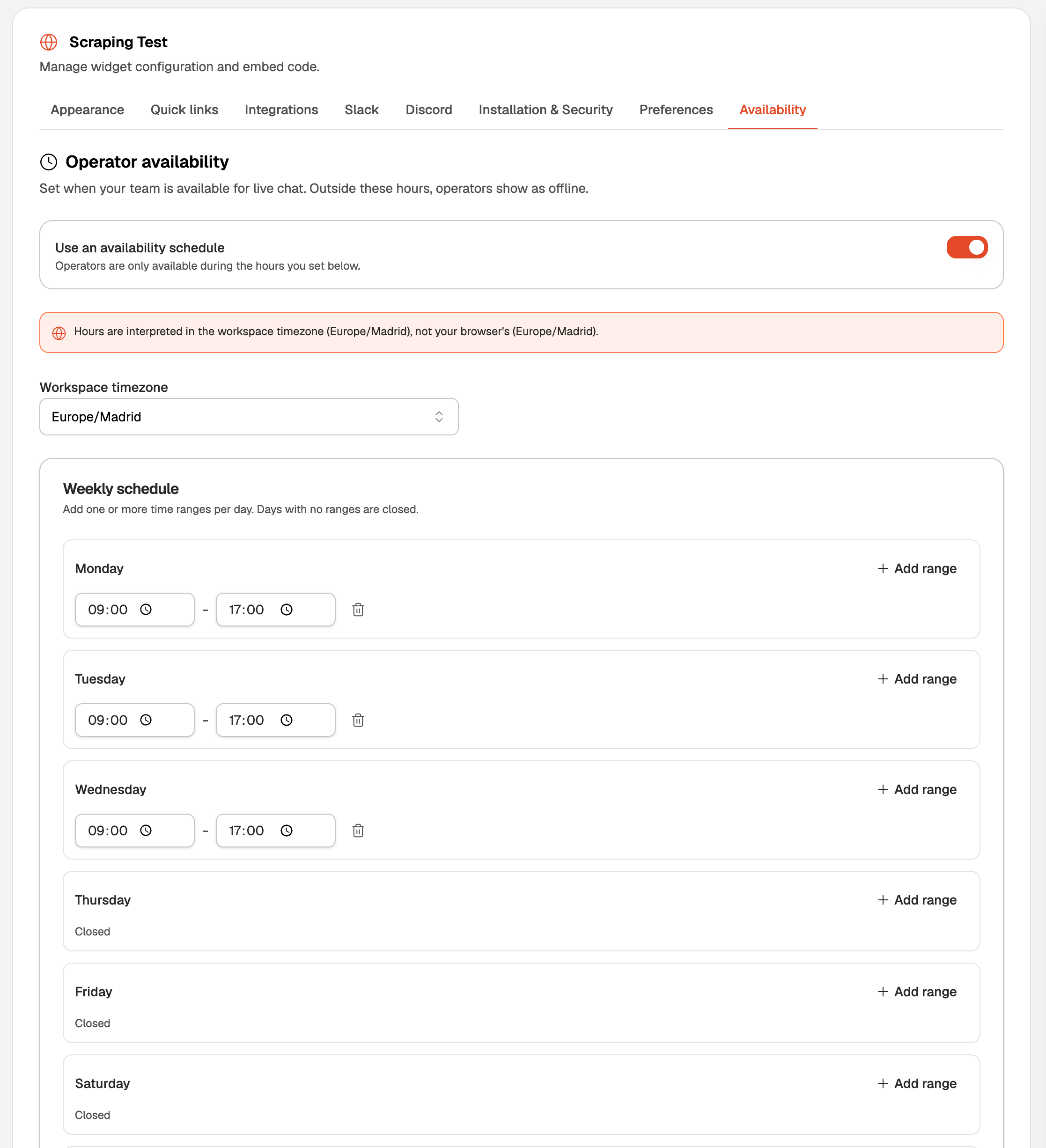 Availability tab with the schedule toggle, workspace timezone, and weekly hours editor