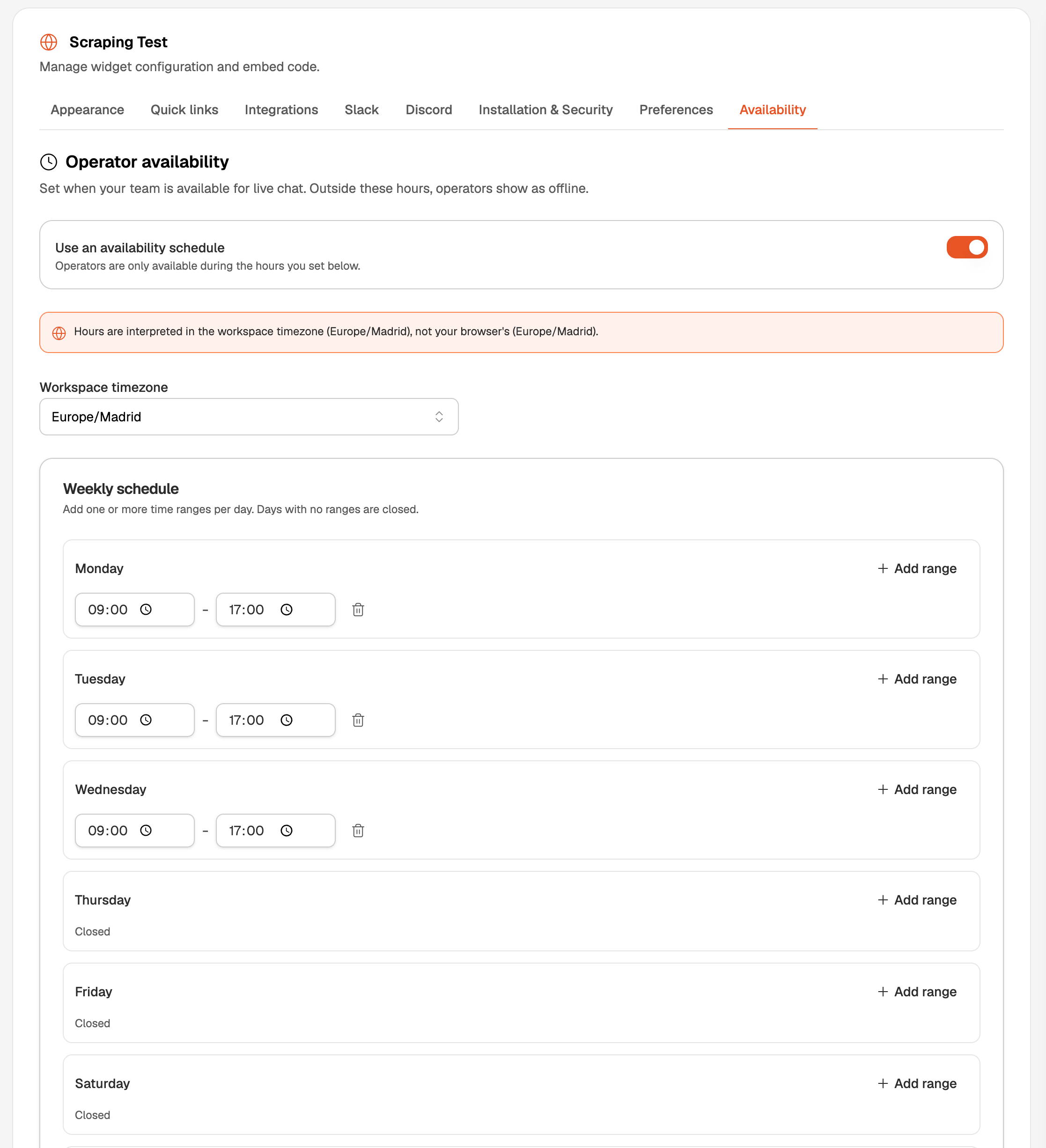Availability tab with the schedule toggle, workspace timezone, and weekly hours editor