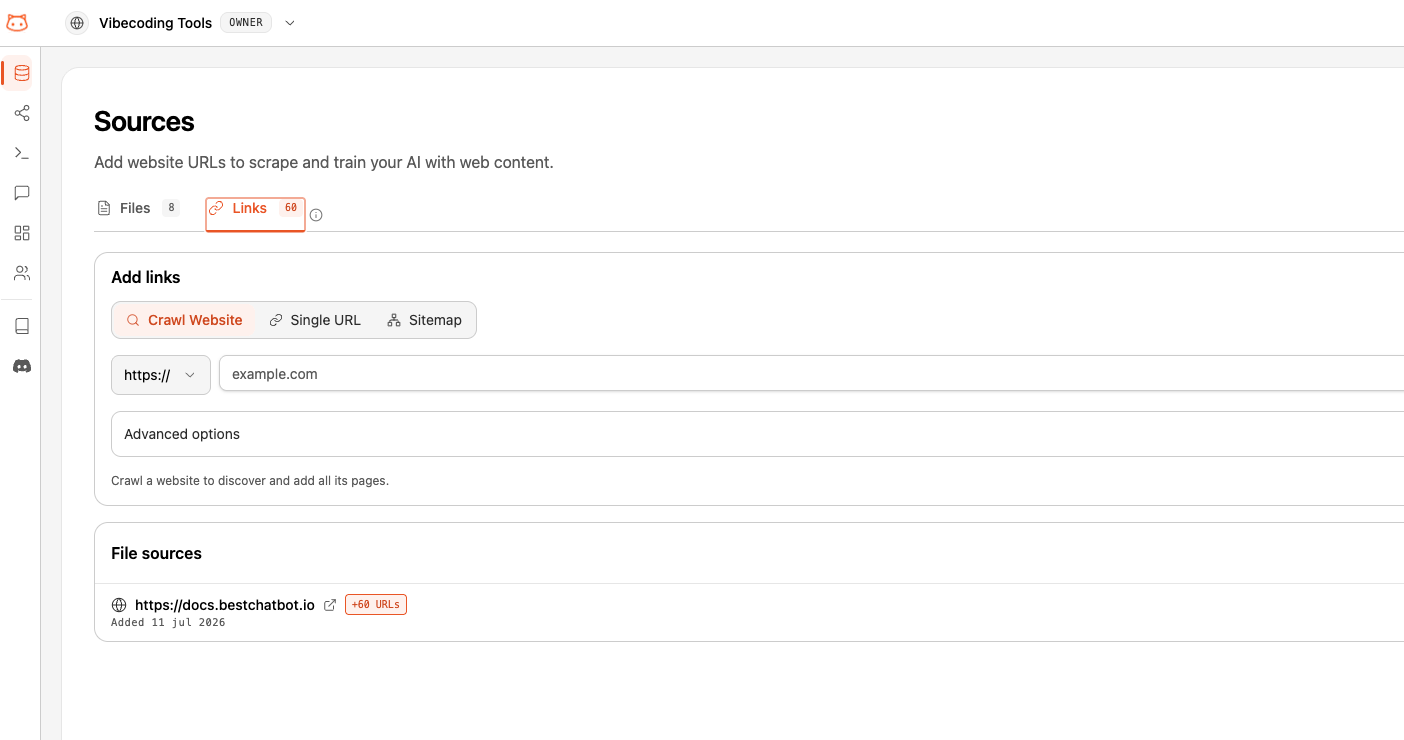 Pestana Links con opciones Crawl, URL Directa y Sitemap y URLs scrapeadas