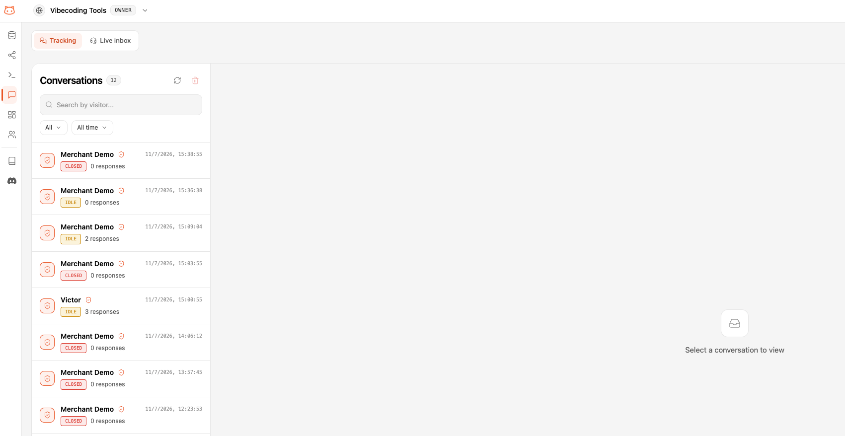 Conversations page listing widget conversations with status and response count