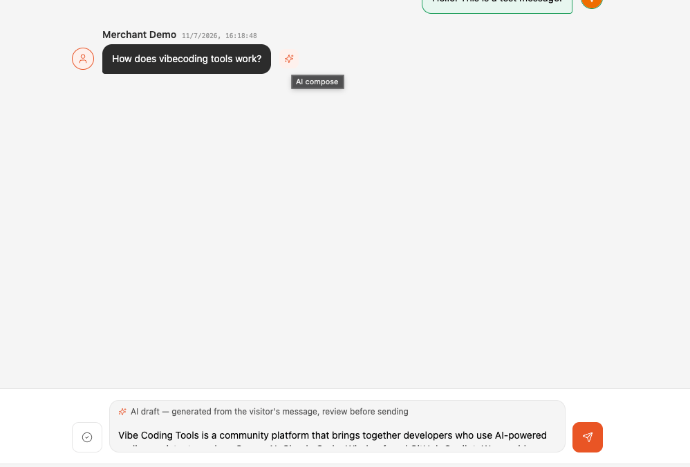 Generated AI draft in the operator reply box with the review banner