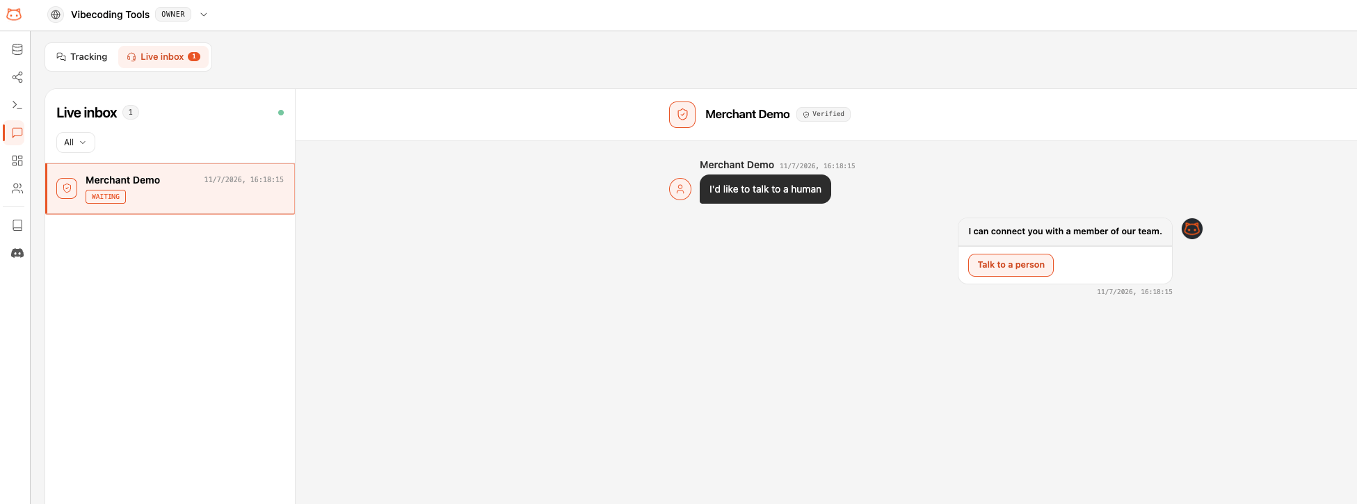 Conversations tab showing the Tracking and Live inbox toggle and a live conversation