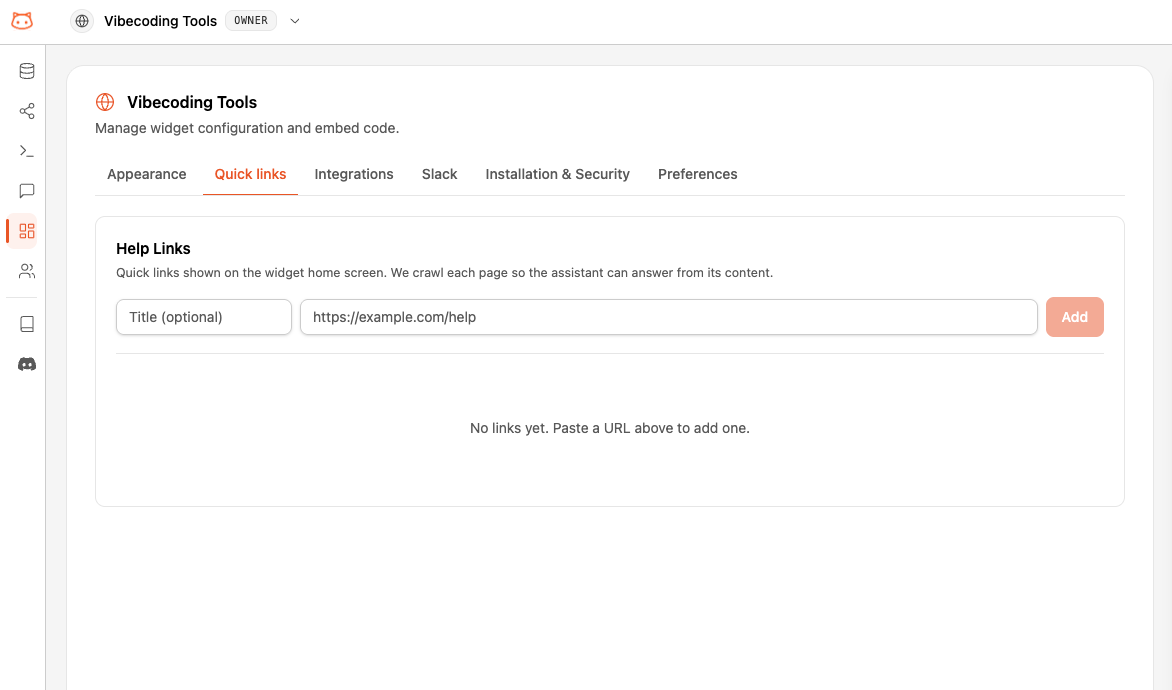 Help Links tab in the Web Widget settings, listing links with a Ready status