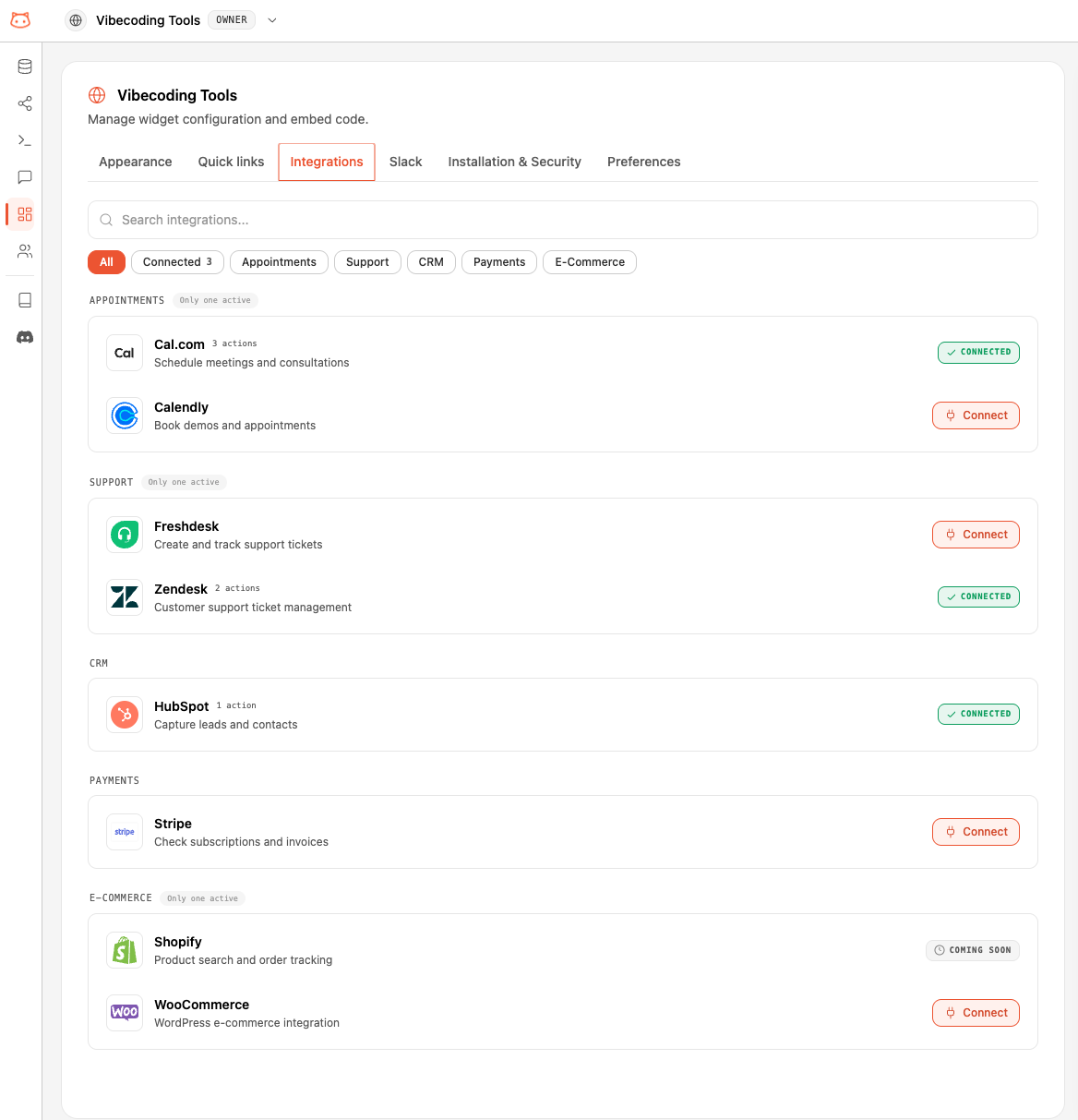 Integrations page showing the catalog of available tools and their connection status
