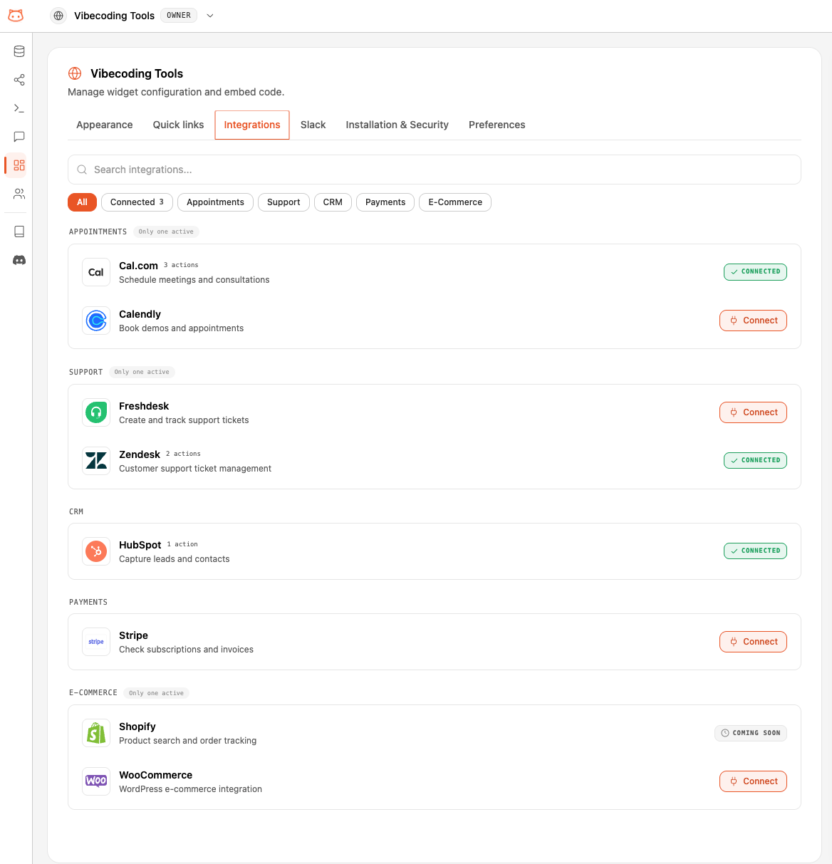 Integrations page showing the catalog of available tools and their connection status