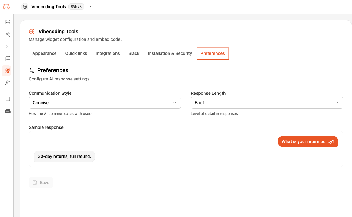Preferences panel with Communication Style and Response Length dropdowns