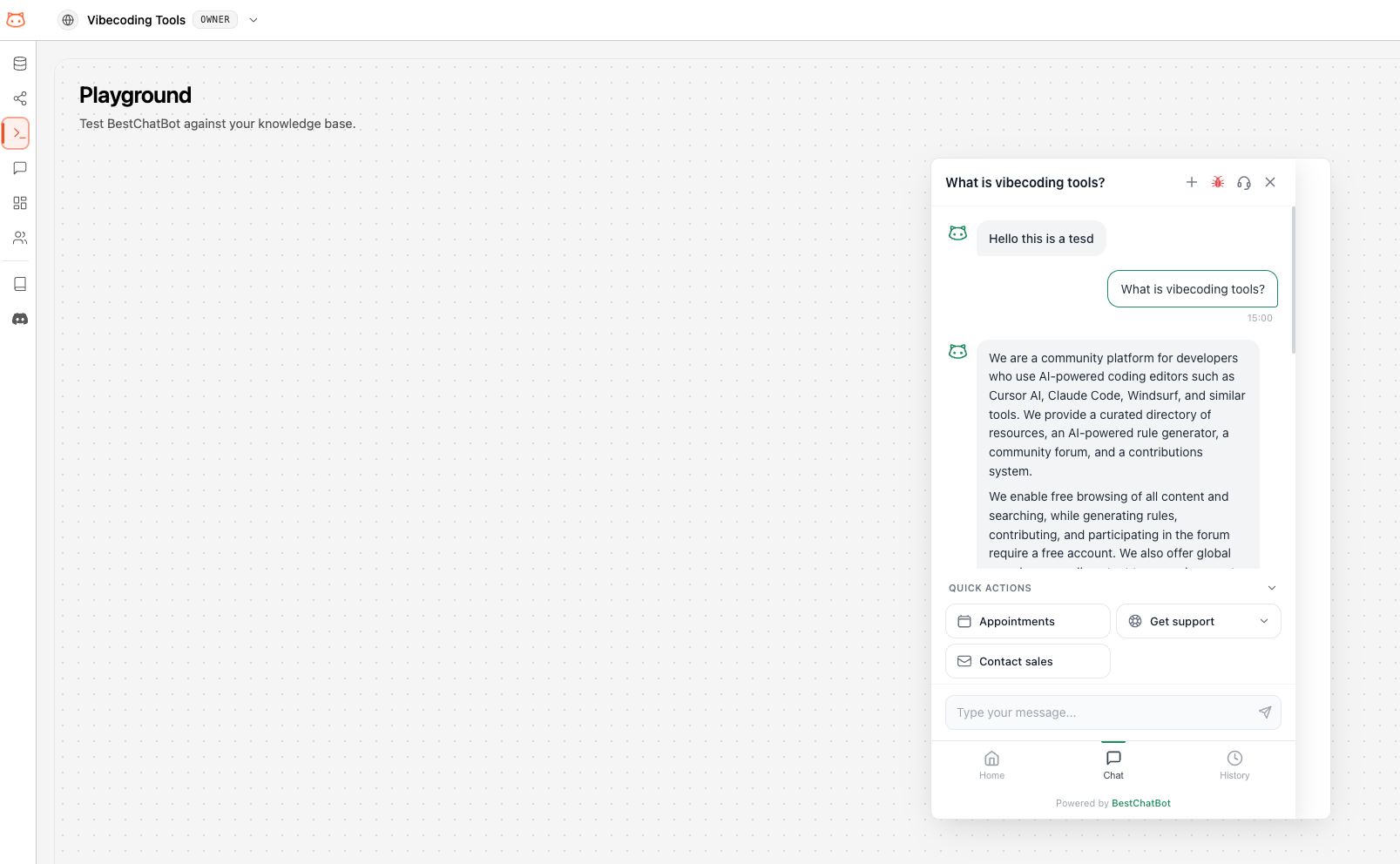 Retrieval Testing chat interface with bot response and cited sources