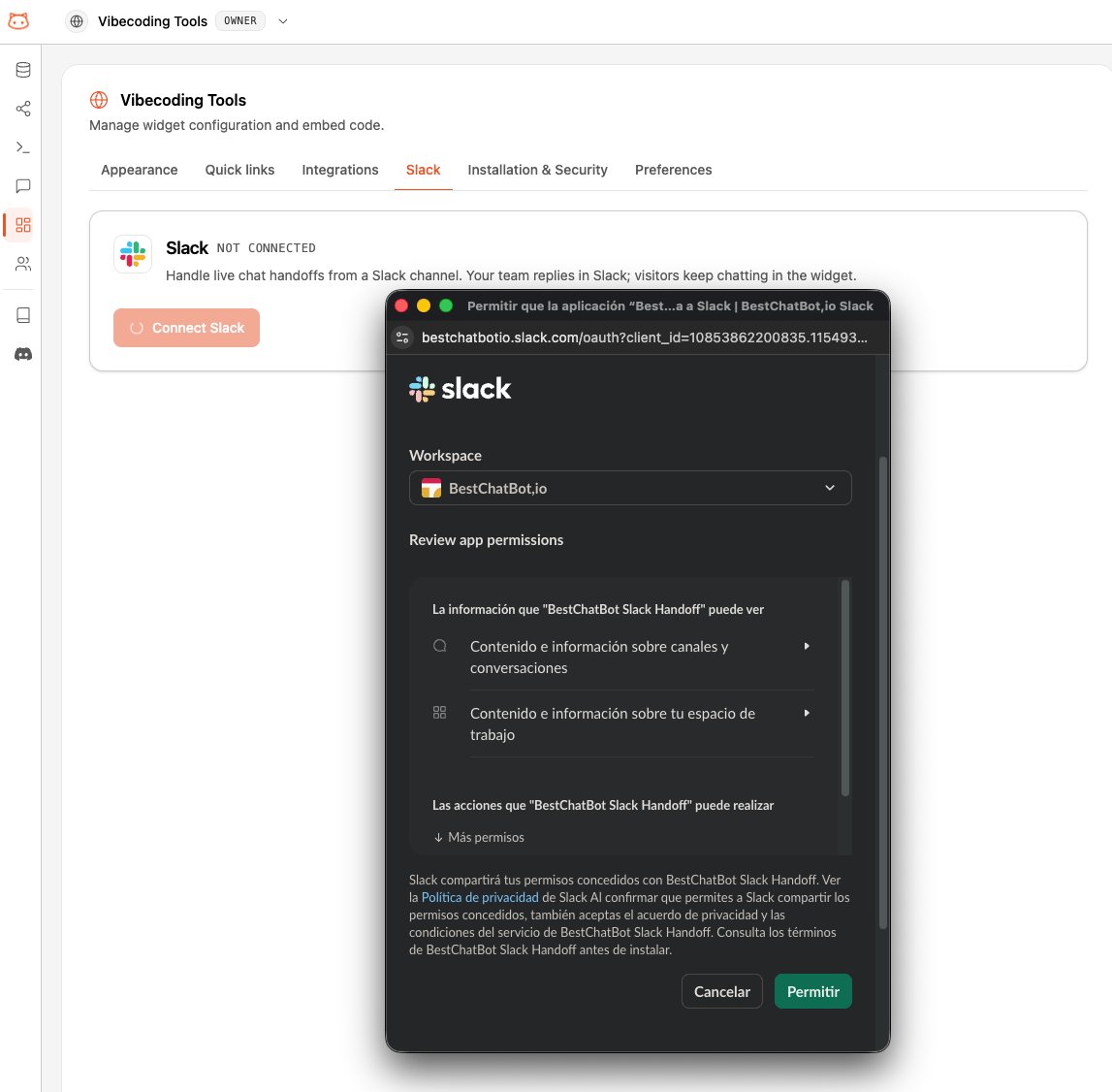 Slack authorization screen approving the BestChatBot Handoff app