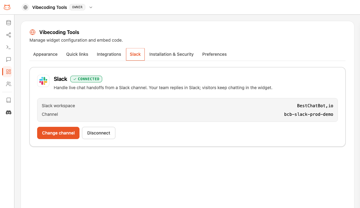Slack tab showing the connected Slack workspace and channel