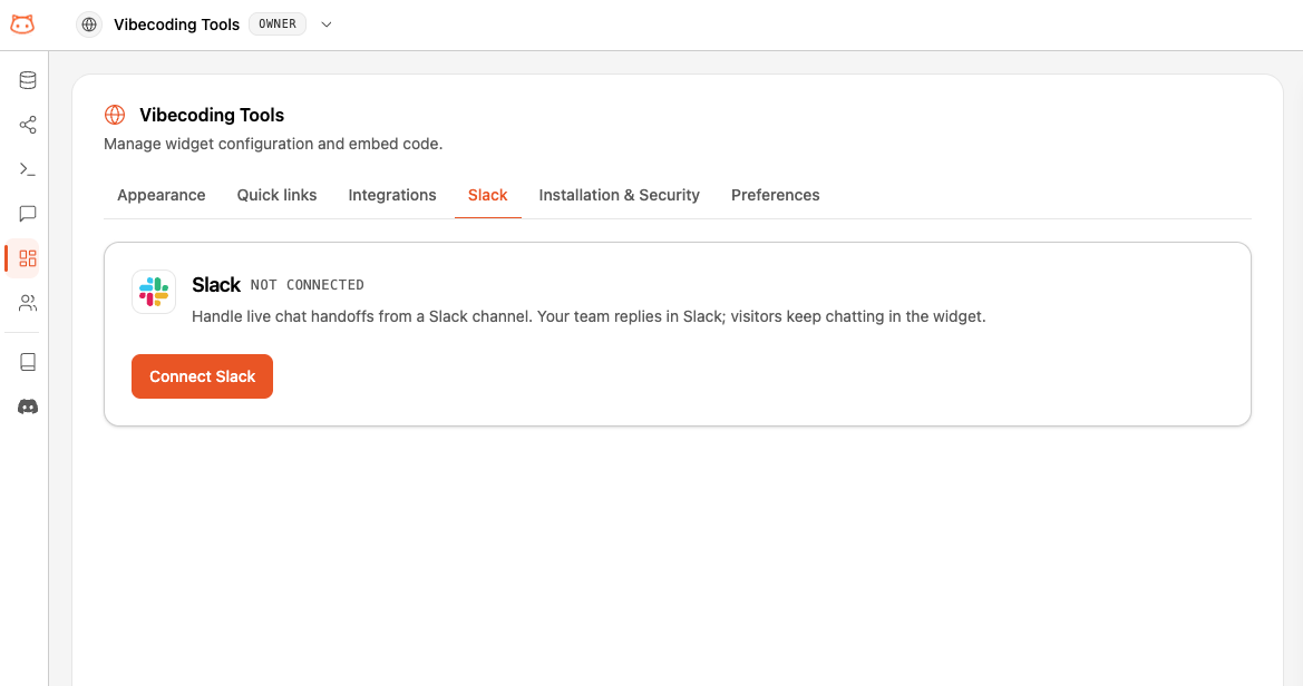 Slack tab in the widget settings with the Connect Slack button