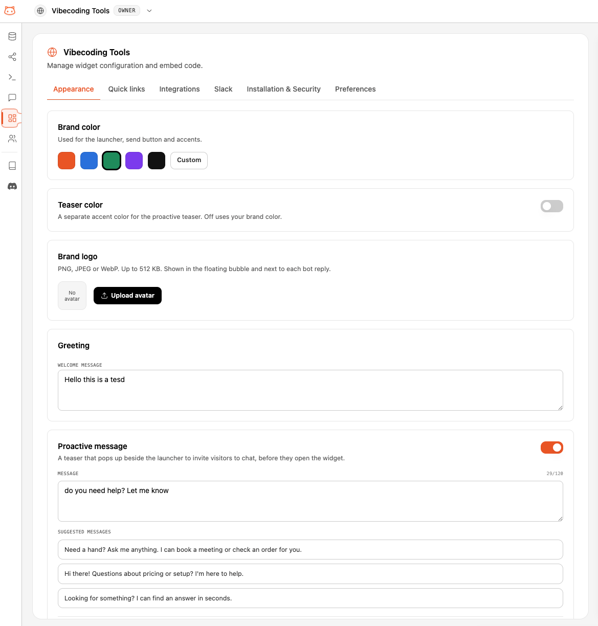 Widget Appearance tab with brand color, teaser color, brand logo, greeting, and proactive message